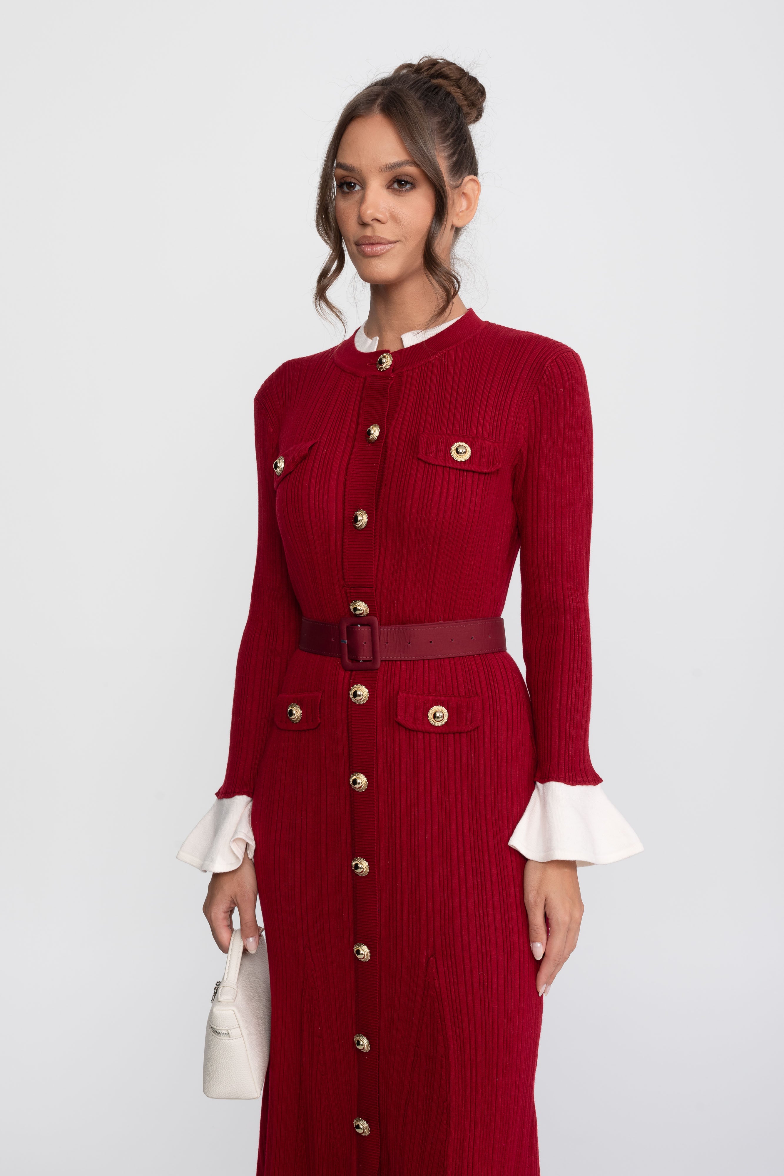 Ribbed Knit Belted Midi Dress With White Cuffs And Collar - Burgundy