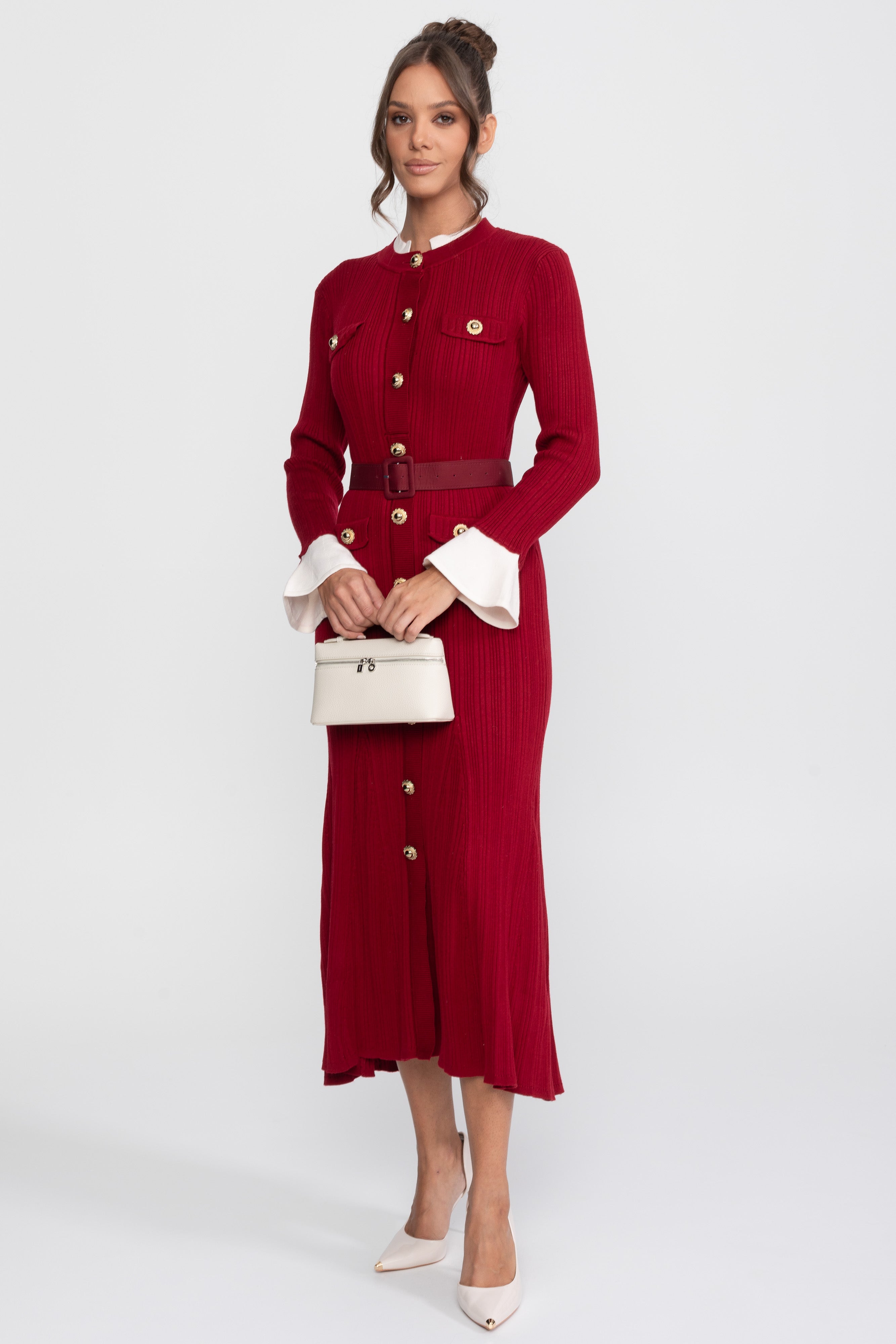 Ribbed Knit Belted Midi Dress With White Cuffs And Collar - Burgundy