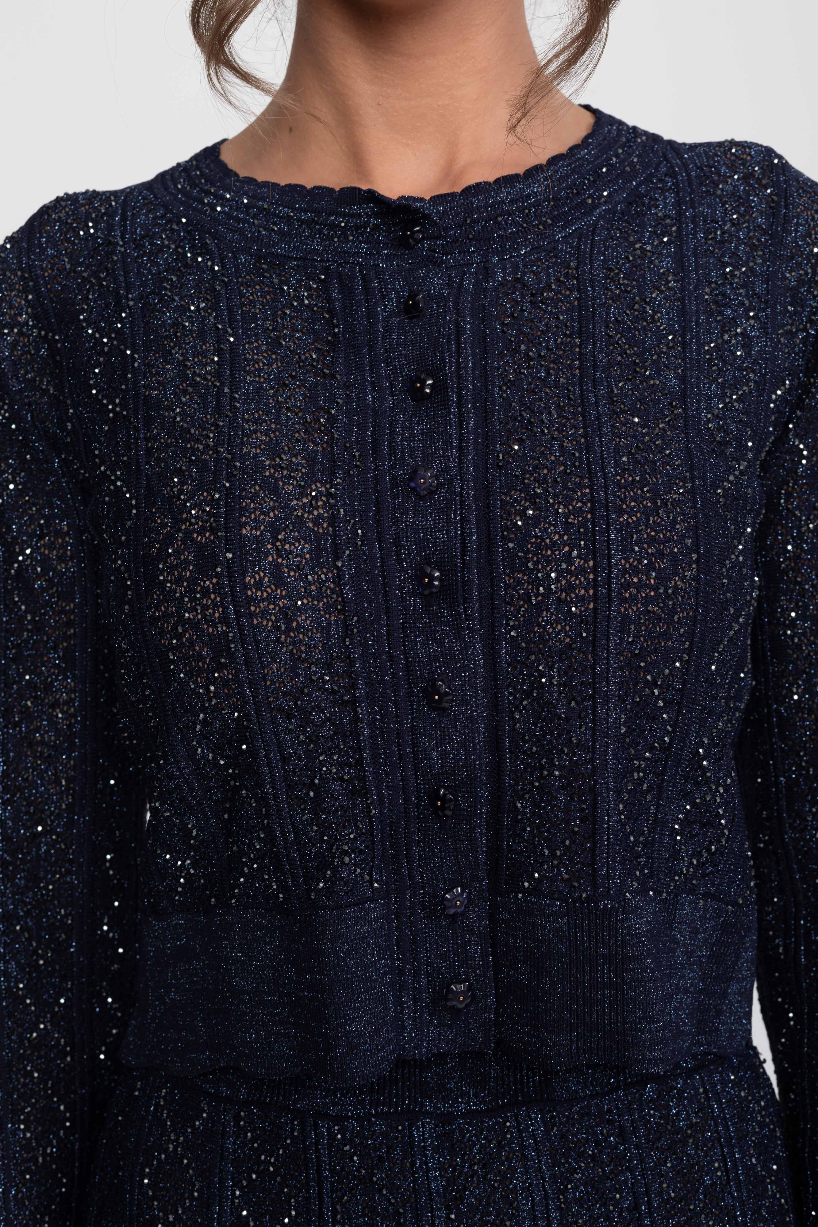 Long-Sleeve Diamond-Pattern Lace Co-Ord Set With Maxi Skirt - Navy