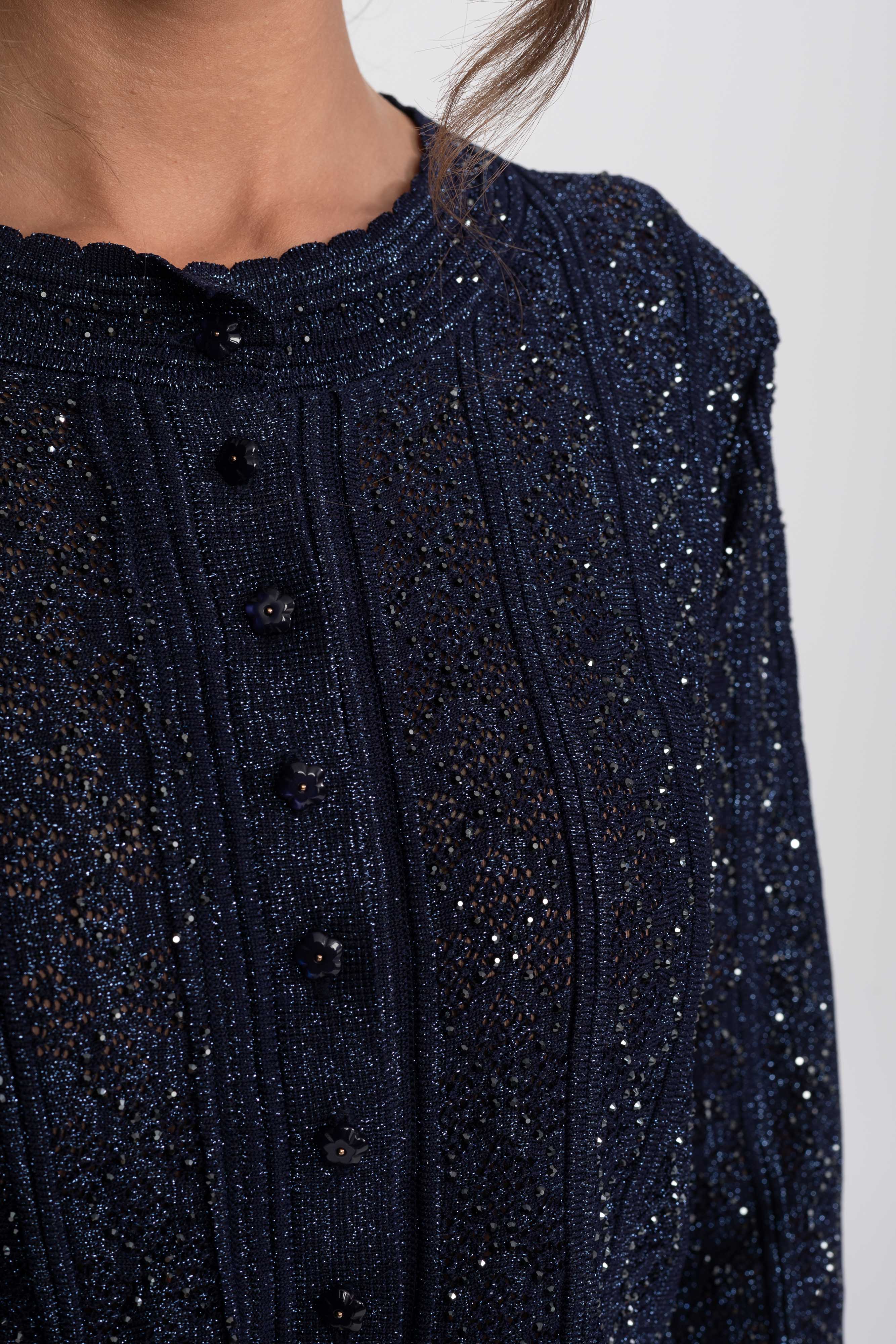 Long-Sleeve Diamond-Pattern Lace Co-Ord Set With Maxi Skirt - Navy