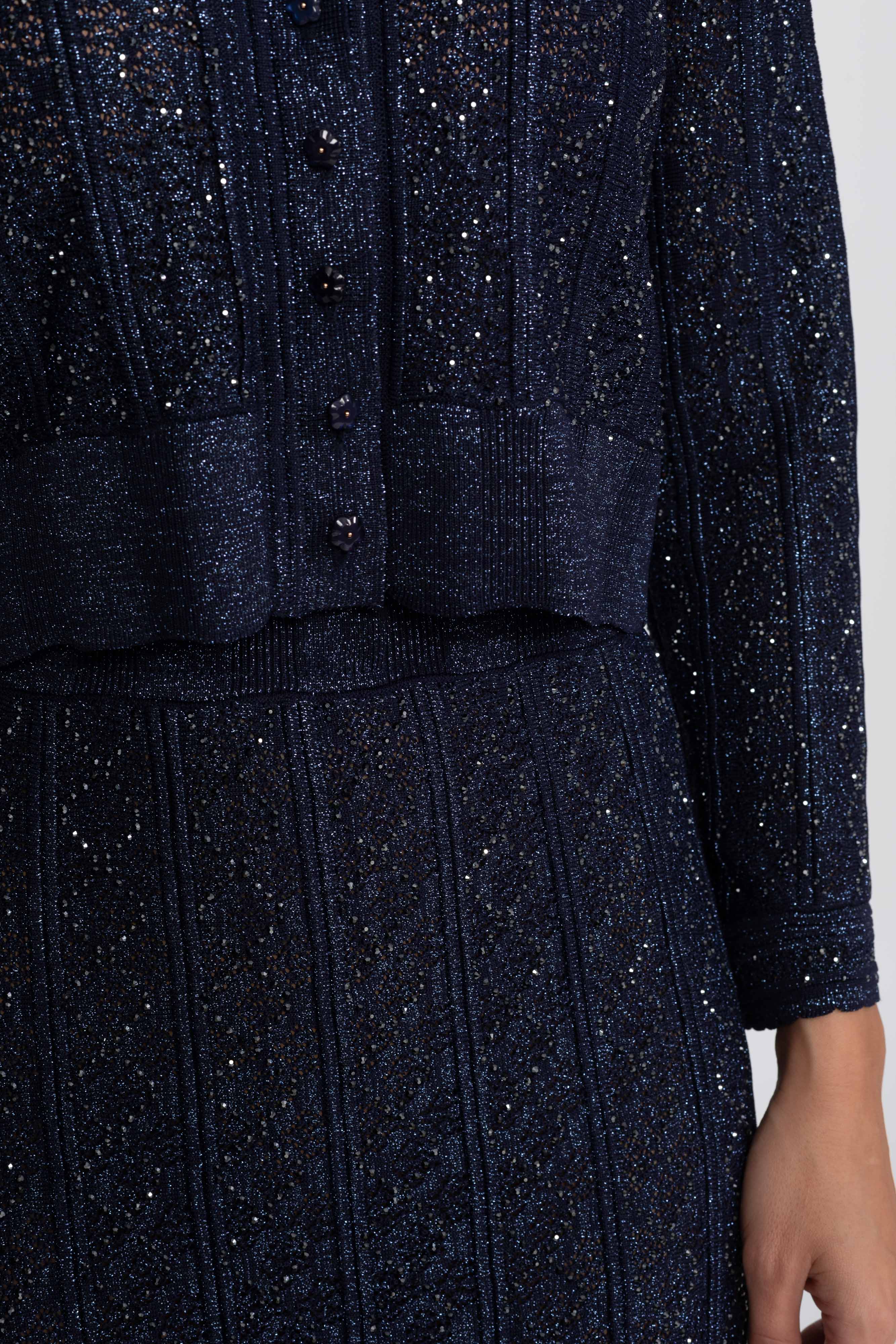 Long-Sleeve Diamond-Pattern Lace Co-Ord Set With Maxi Skirt - Navy