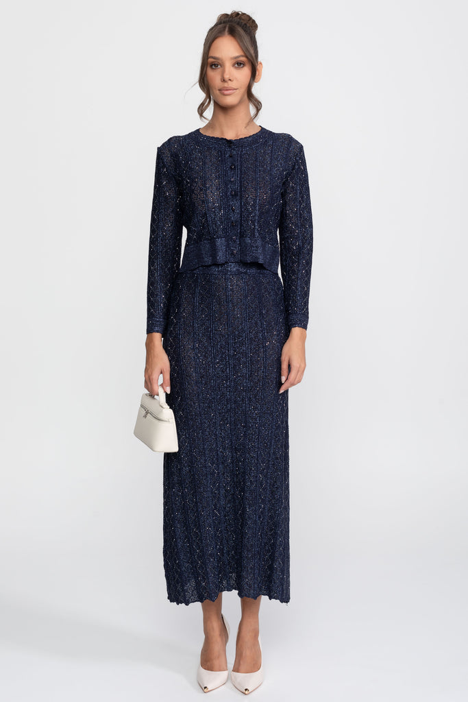 Long-Sleeve Diamond-Pattern Lace Co-Ord Set With Maxi Skirt - Navy
