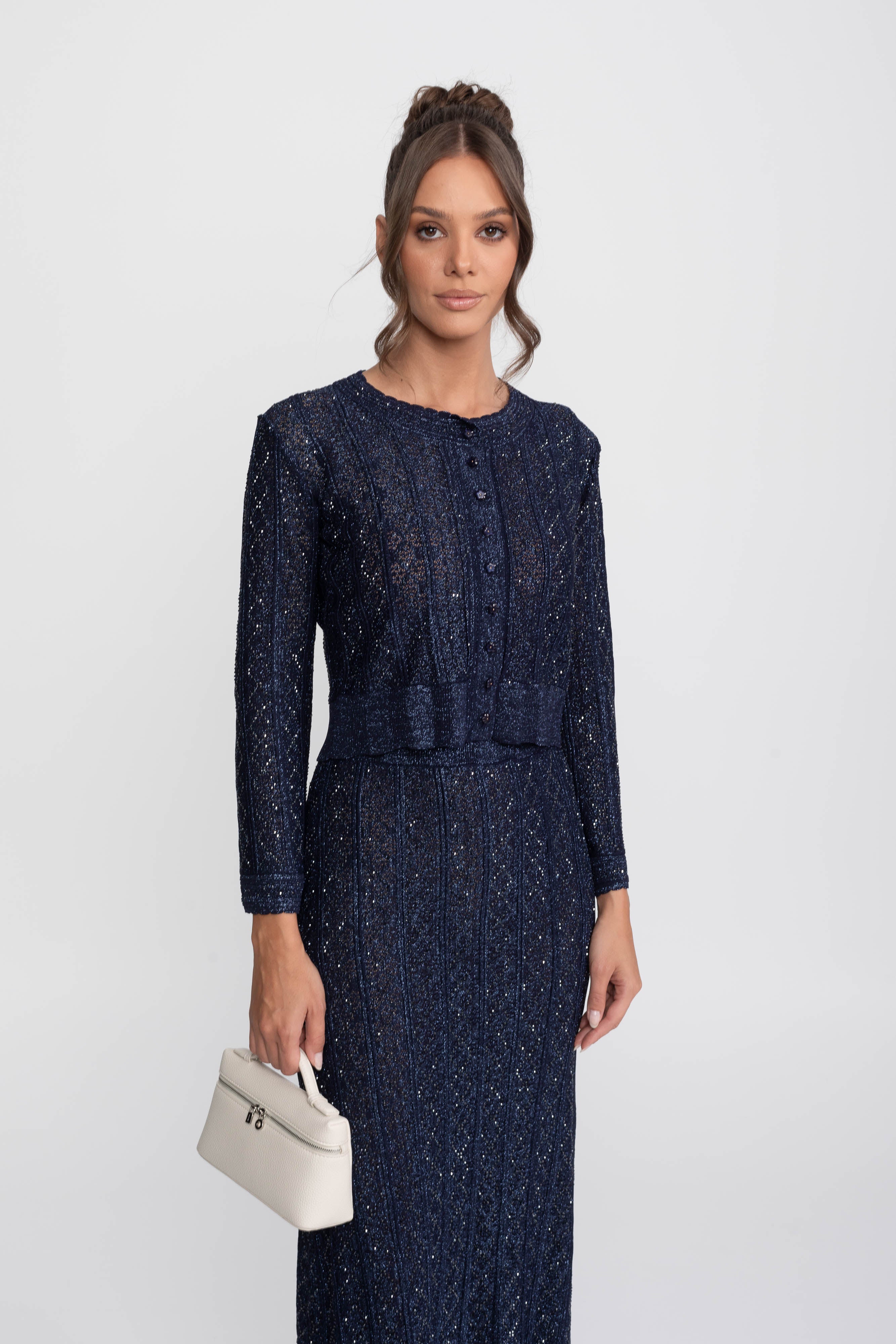 Long-Sleeve Diamond-Pattern Lace Co-Ord Set With Maxi Skirt - Navy