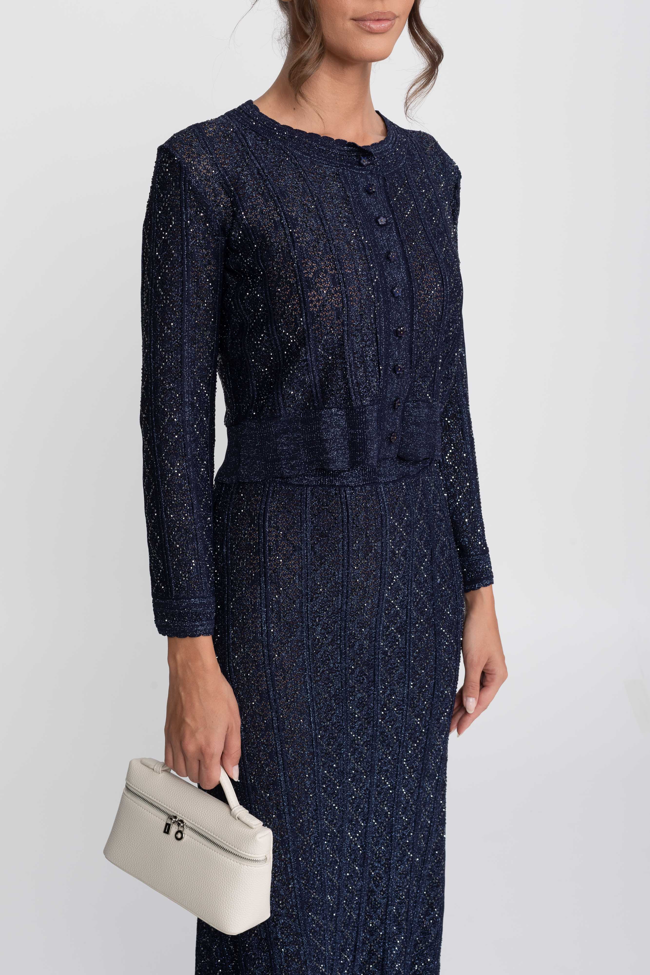 Long-Sleeve Diamond-Pattern Lace Co-Ord Set With Maxi Skirt - Navy