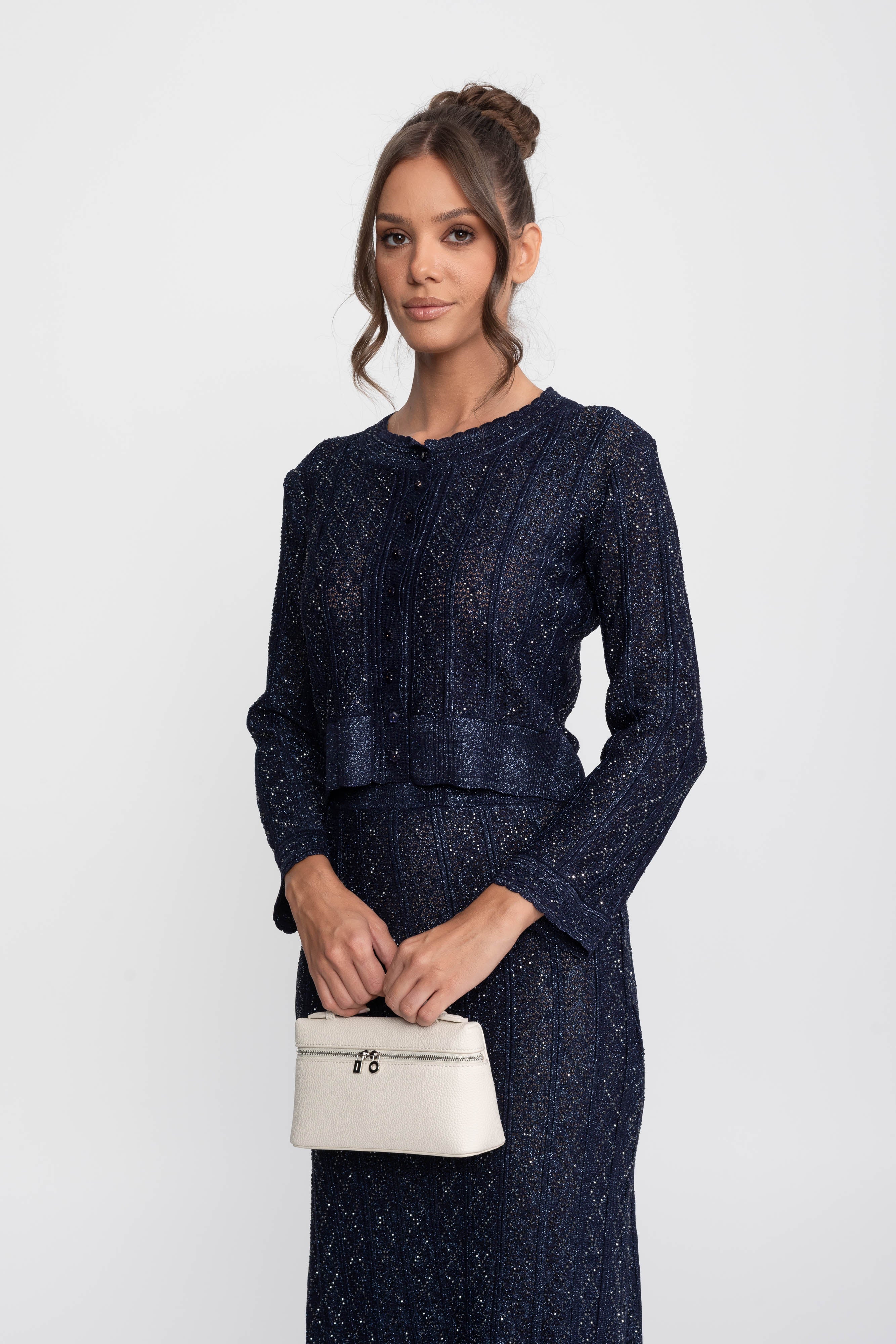 Long-Sleeve Diamond-Pattern Lace Co-Ord Set With Maxi Skirt - Navy