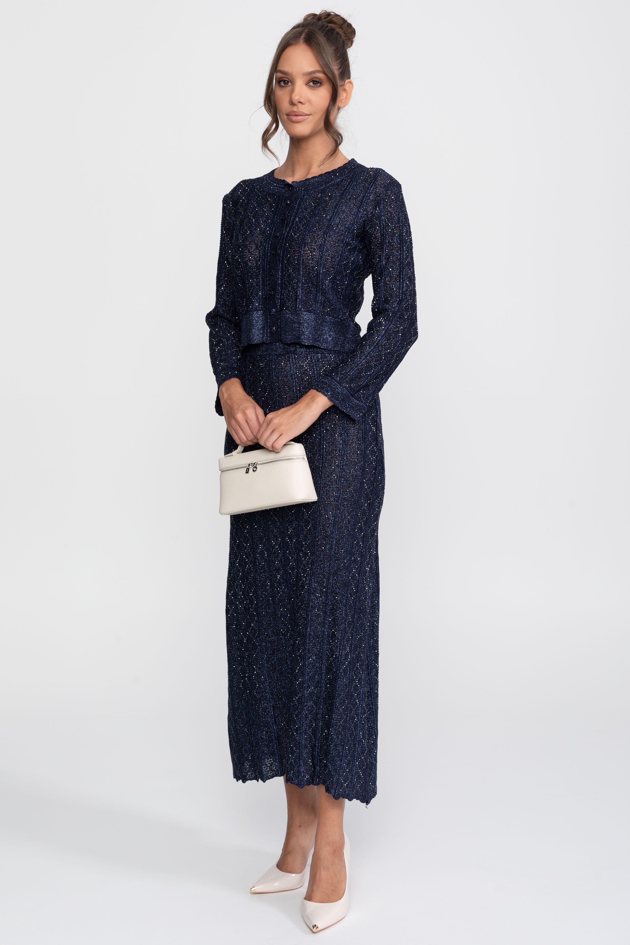 Long-Sleeve Diamond-Pattern Lace Co-Ord Set With Maxi Skirt - Navy