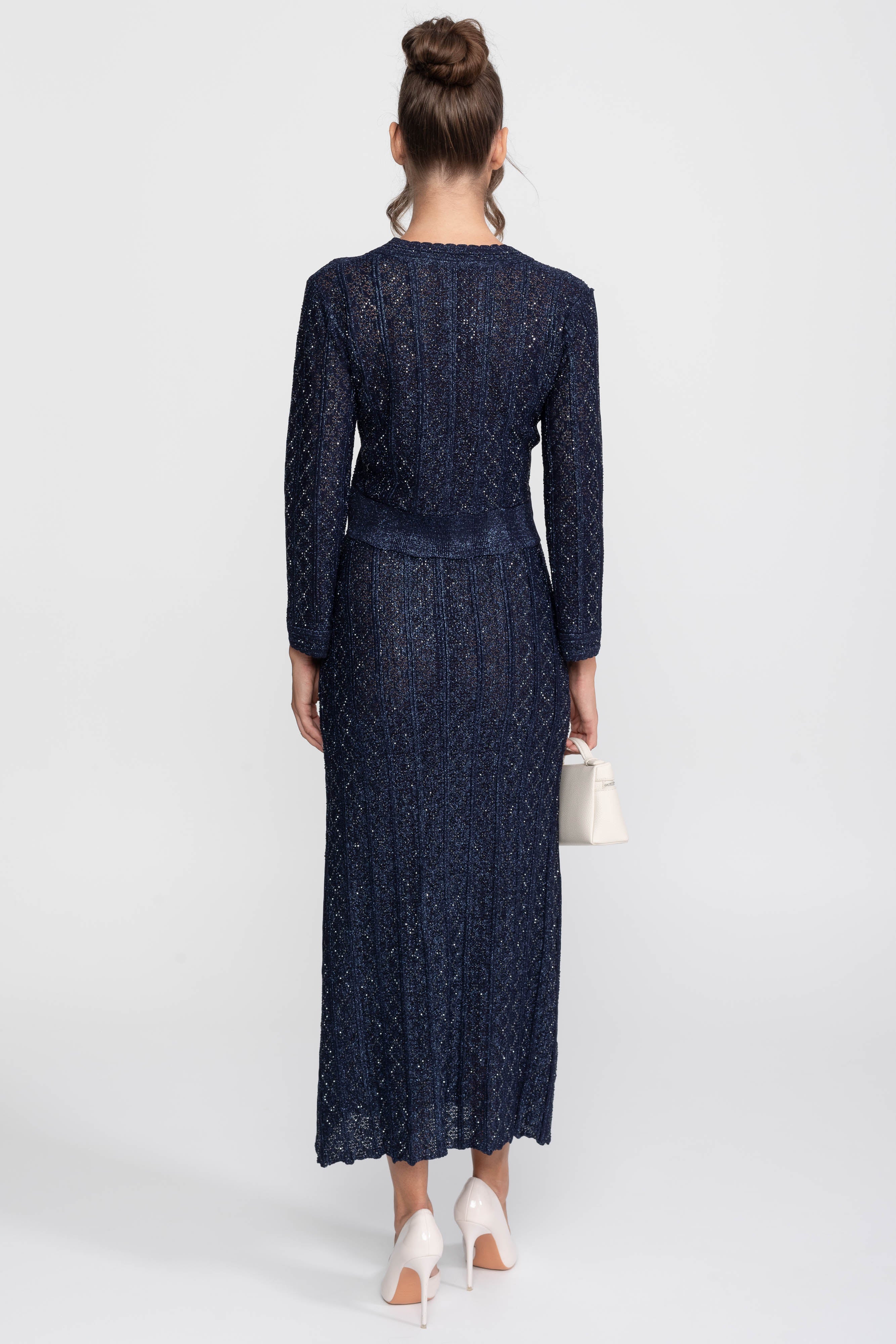 Long-Sleeve Diamond-Pattern Lace Co-Ord Set With Maxi Skirt - Navy