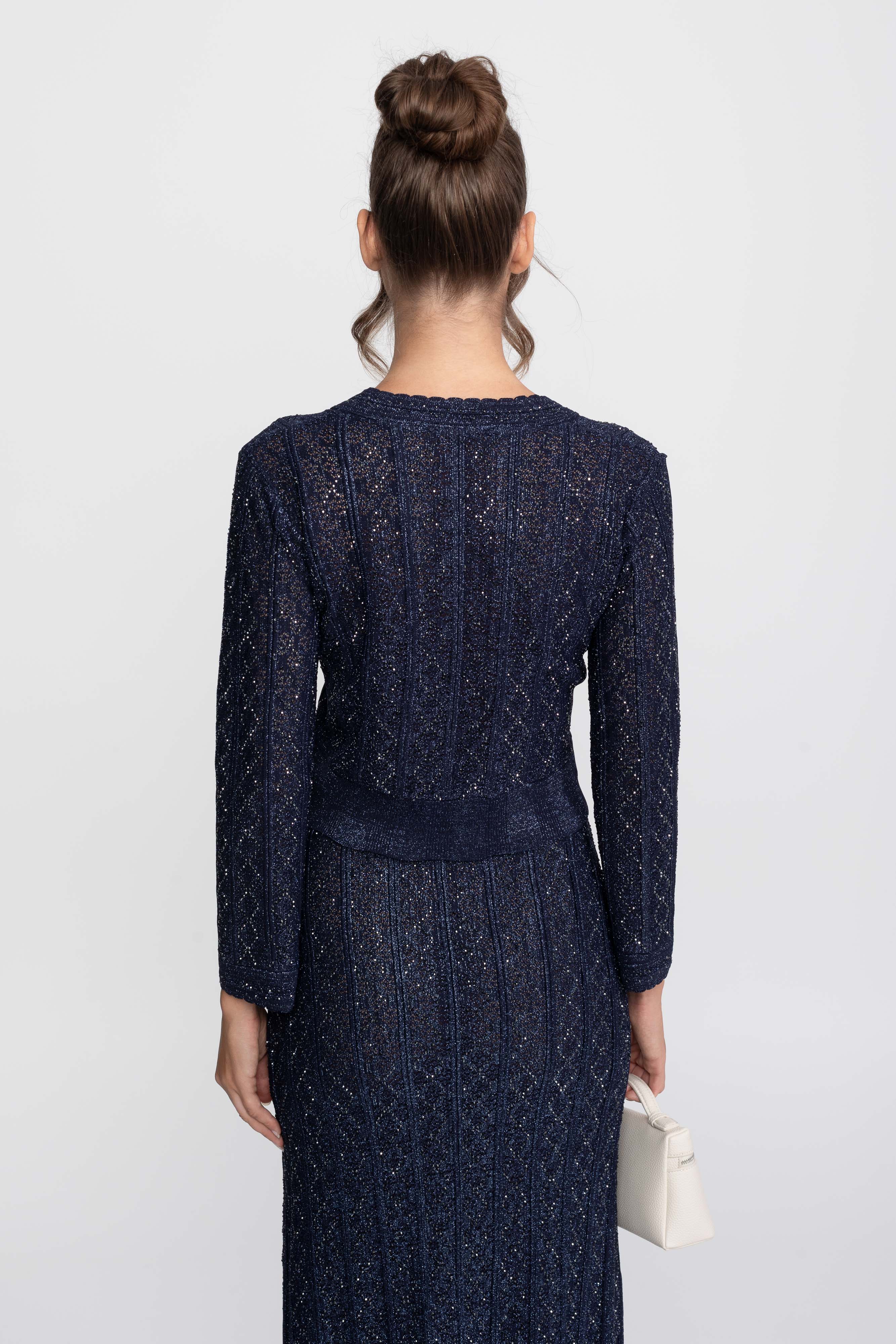 Long-Sleeve Diamond-Pattern Lace Co-Ord Set With Maxi Skirt - Navy
