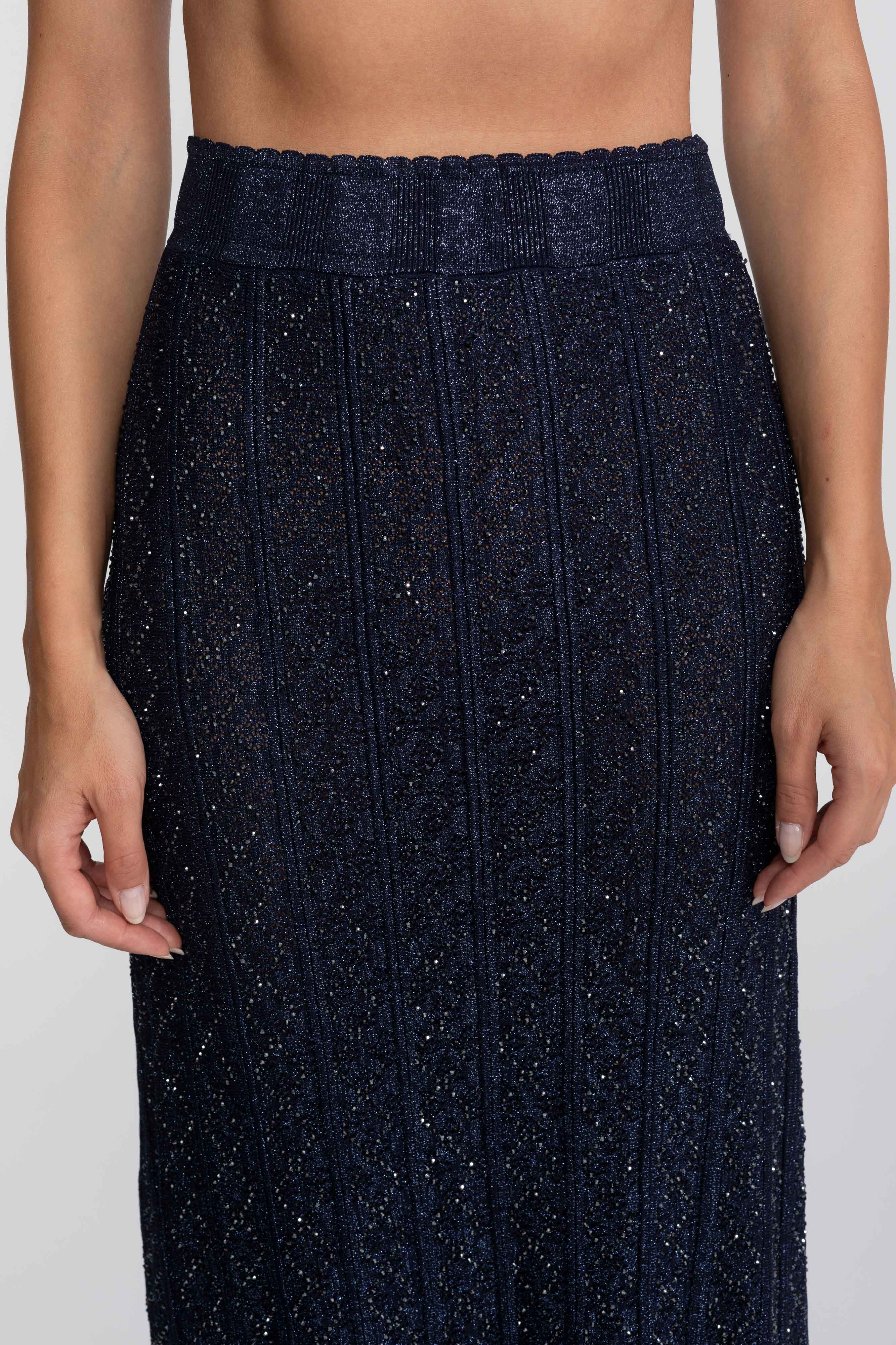 Long-Sleeve Diamond-Pattern Lace Co-Ord Set With Maxi Skirt - Navy