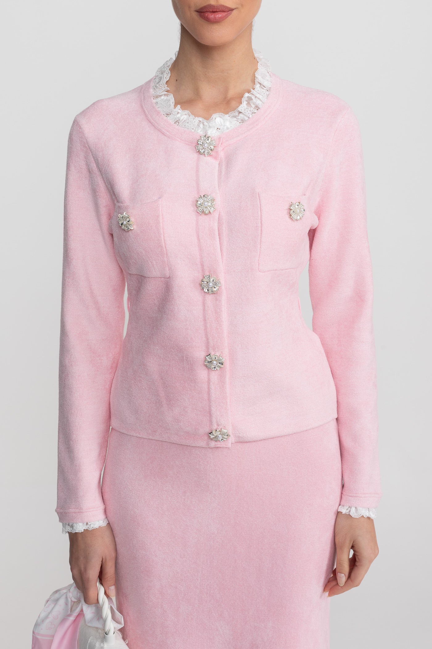 Long Sleeve Co-Ord With Fitted Knit Bodice And Crystal Button Detail - Blush Pink