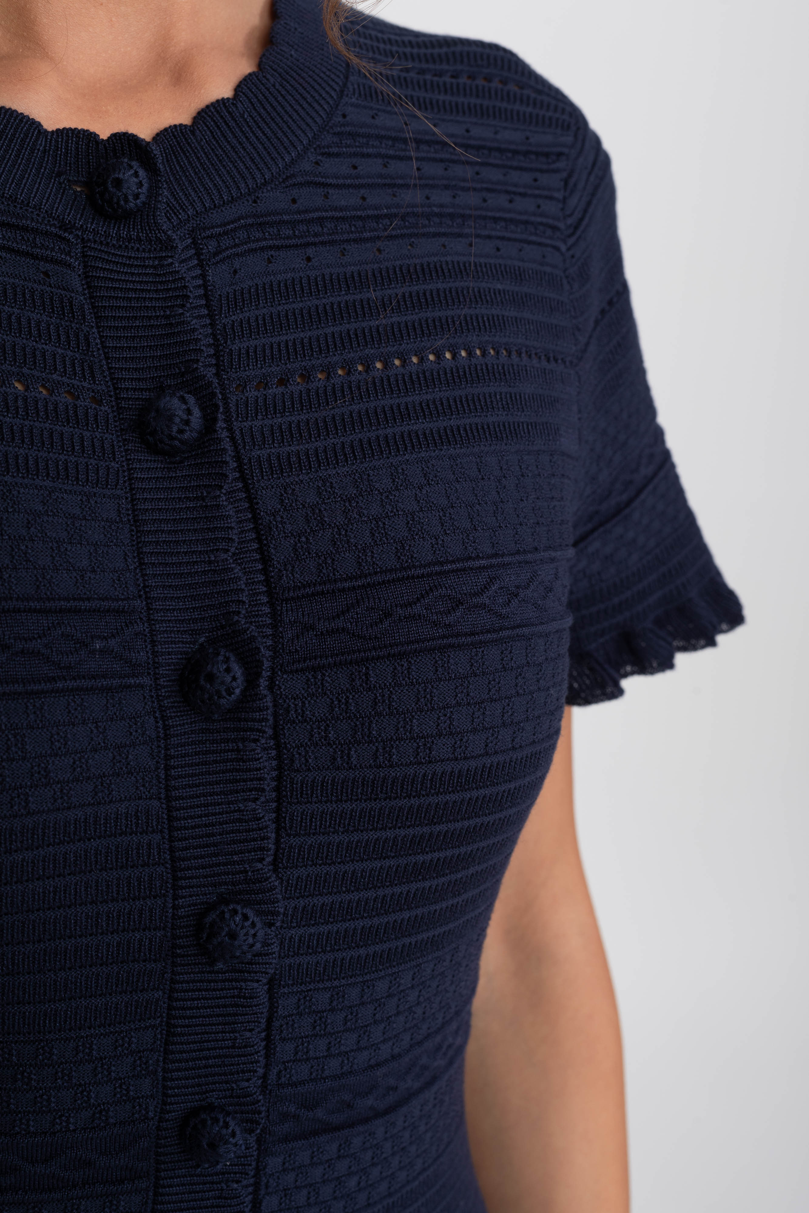 Ruffle Hem Knit Midi Dress With Button Front - Navy