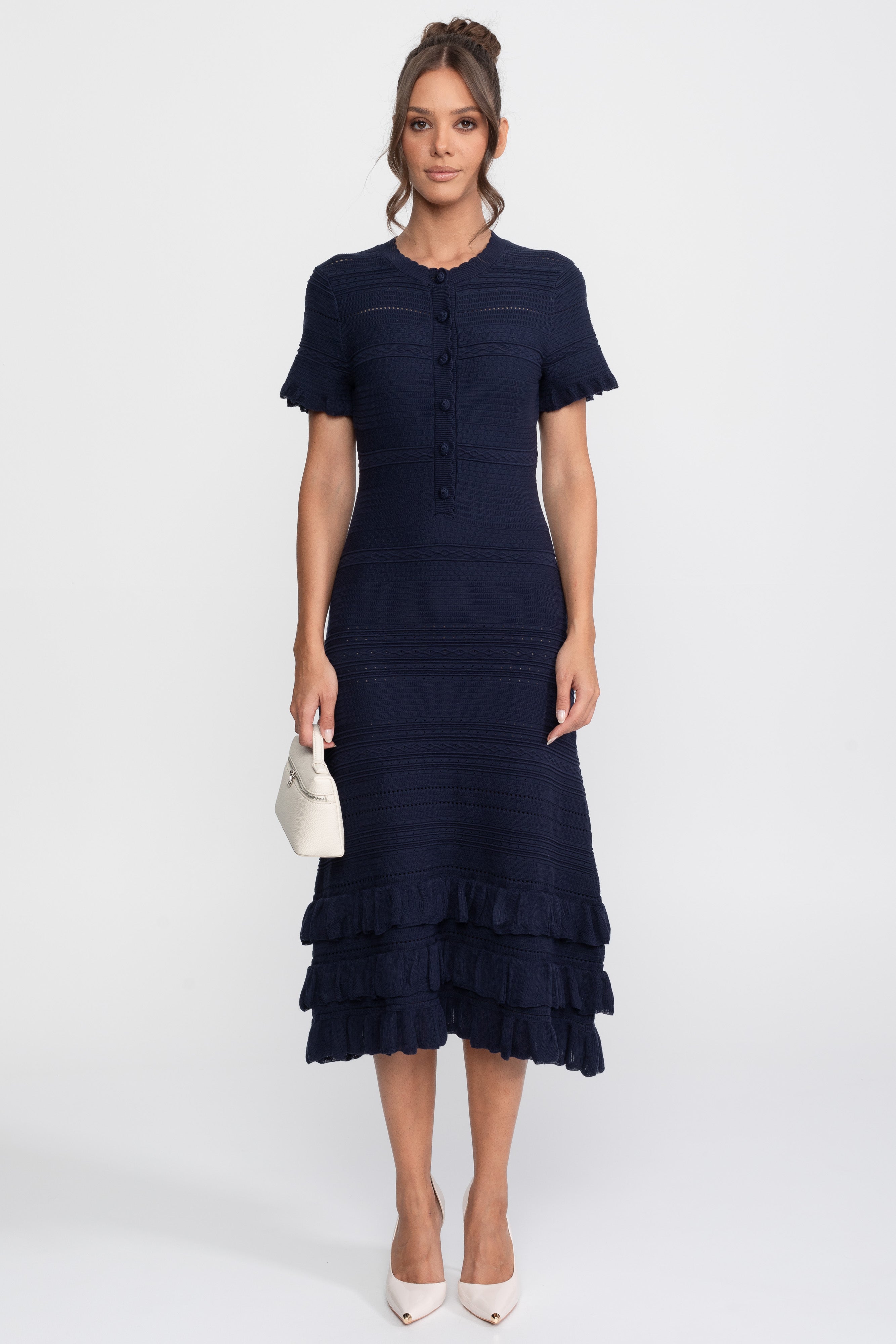 Ruffle Hem Knit Midi Dress With Button Front - Navy