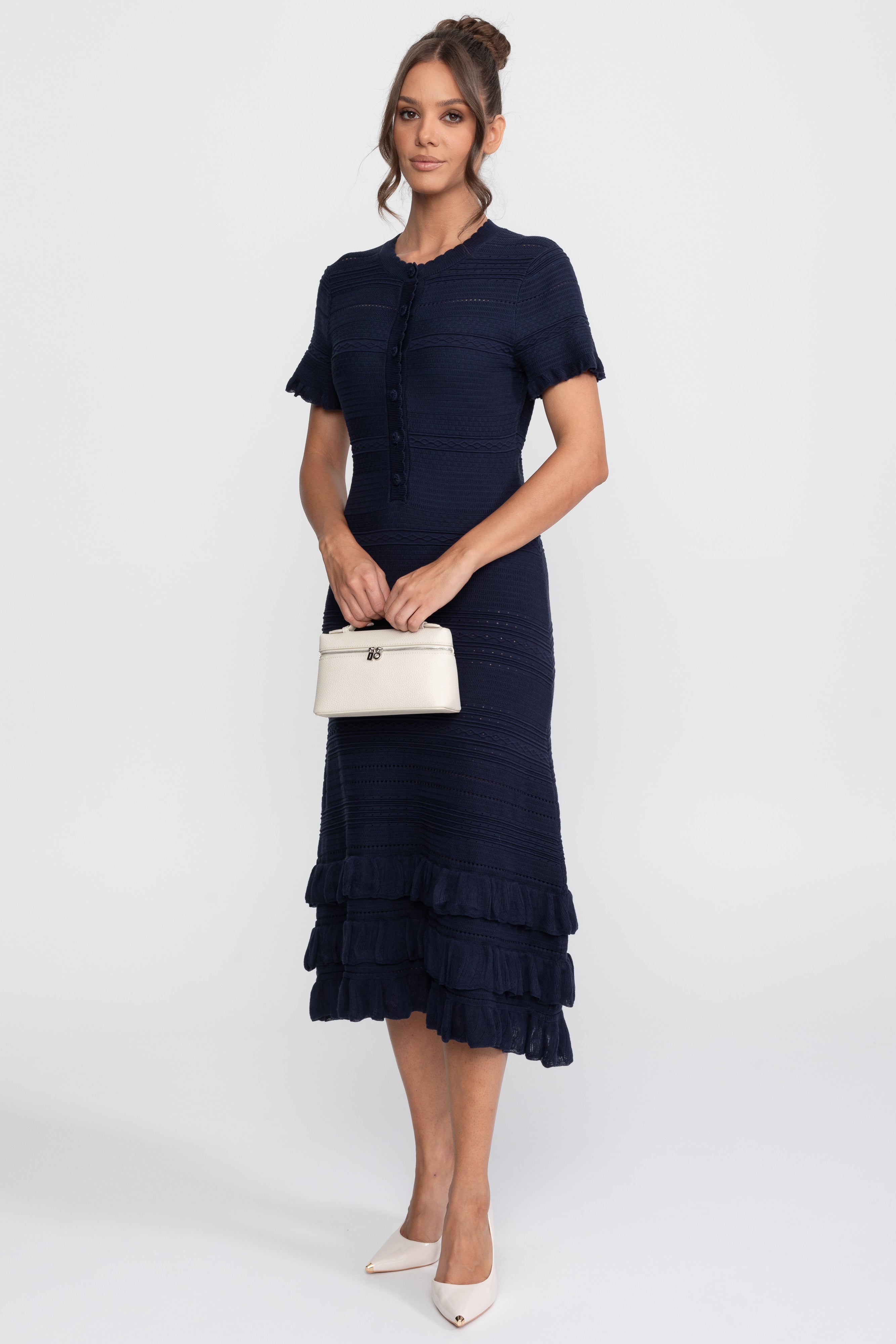 Ruffle Hem Knit Midi Dress With Button Front - Navy