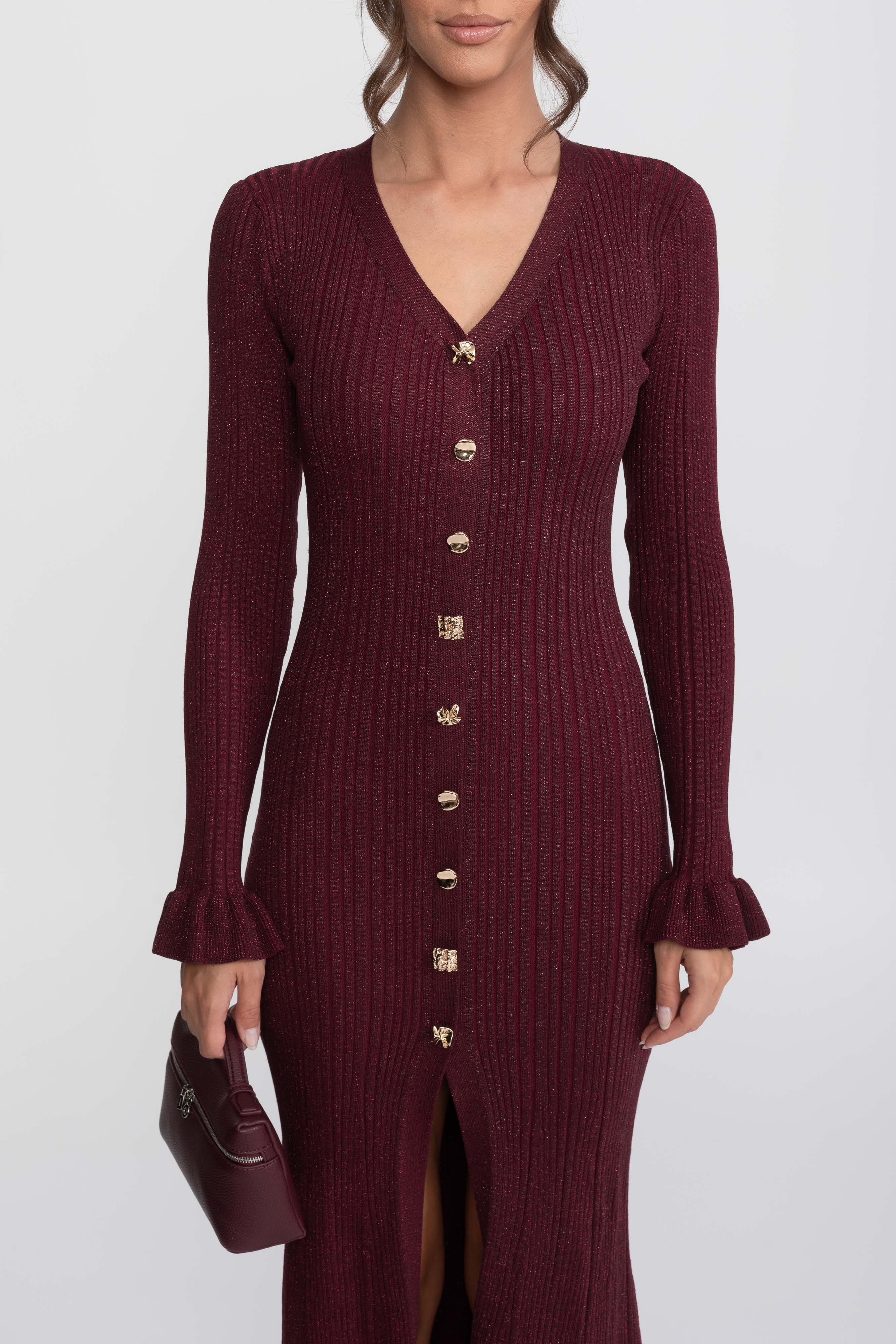 V-Neck Button-Front Ribbed Knit Maxi Dress With Ruffle Cuffs - Burgundy