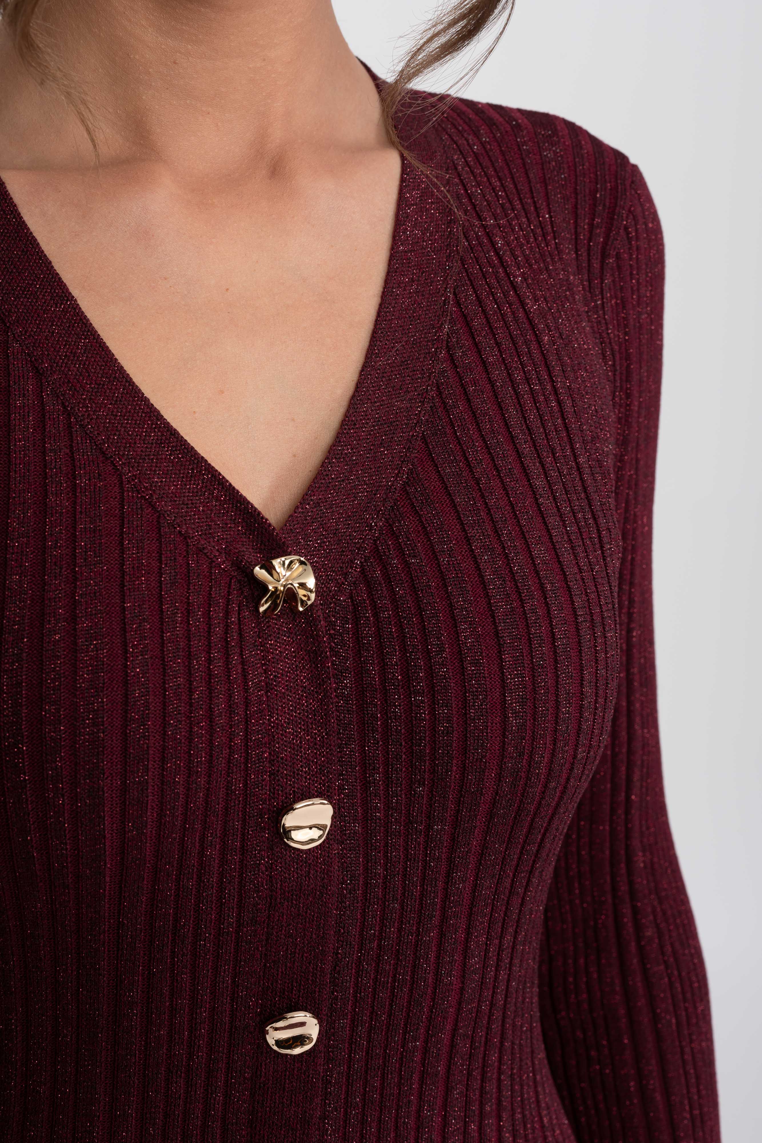 V-Neck Button-Front Ribbed Knit Maxi Dress With Ruffle Cuffs - Burgundy