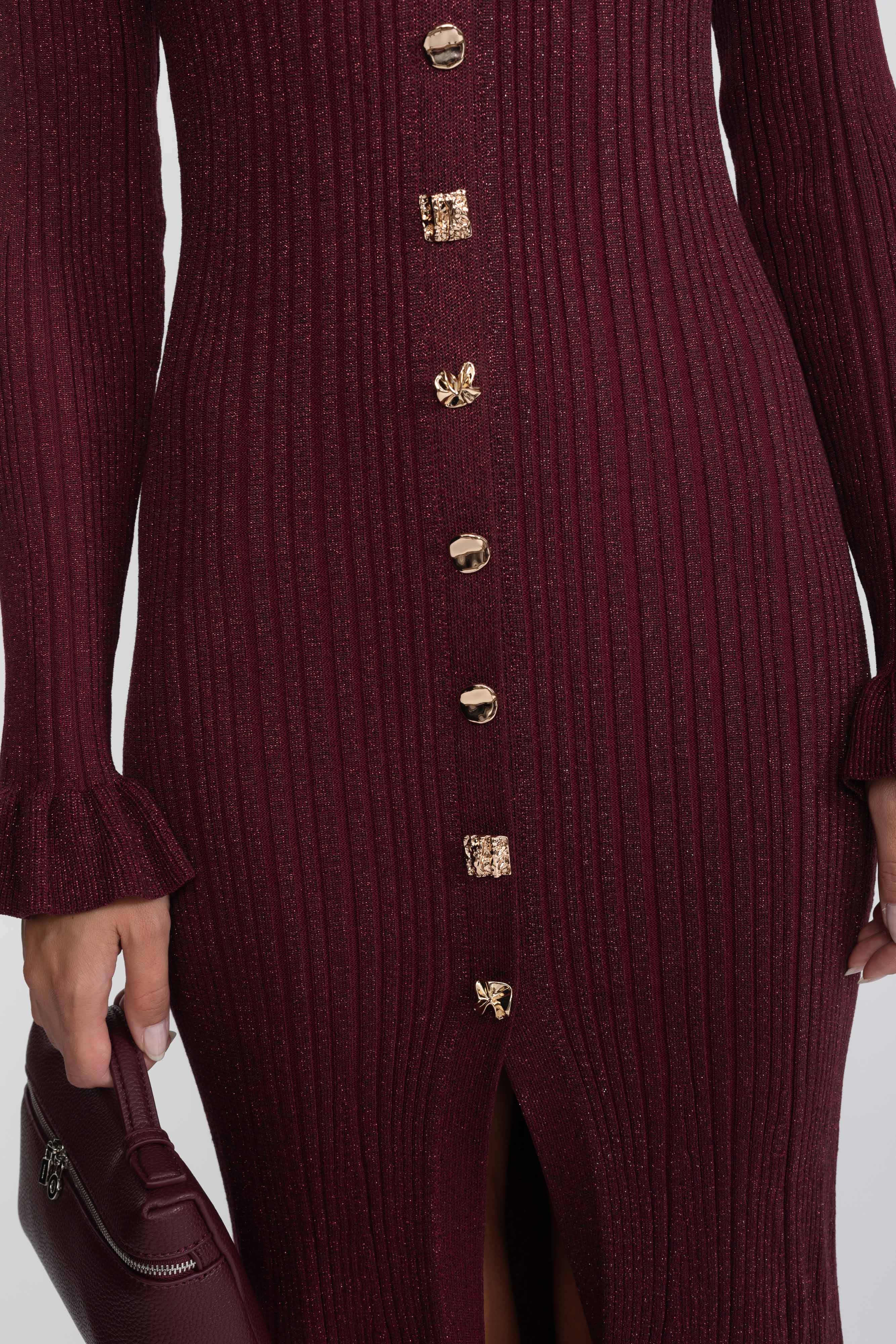 V-Neck Button-Front Ribbed Knit Maxi Dress With Ruffle Cuffs - Burgundy