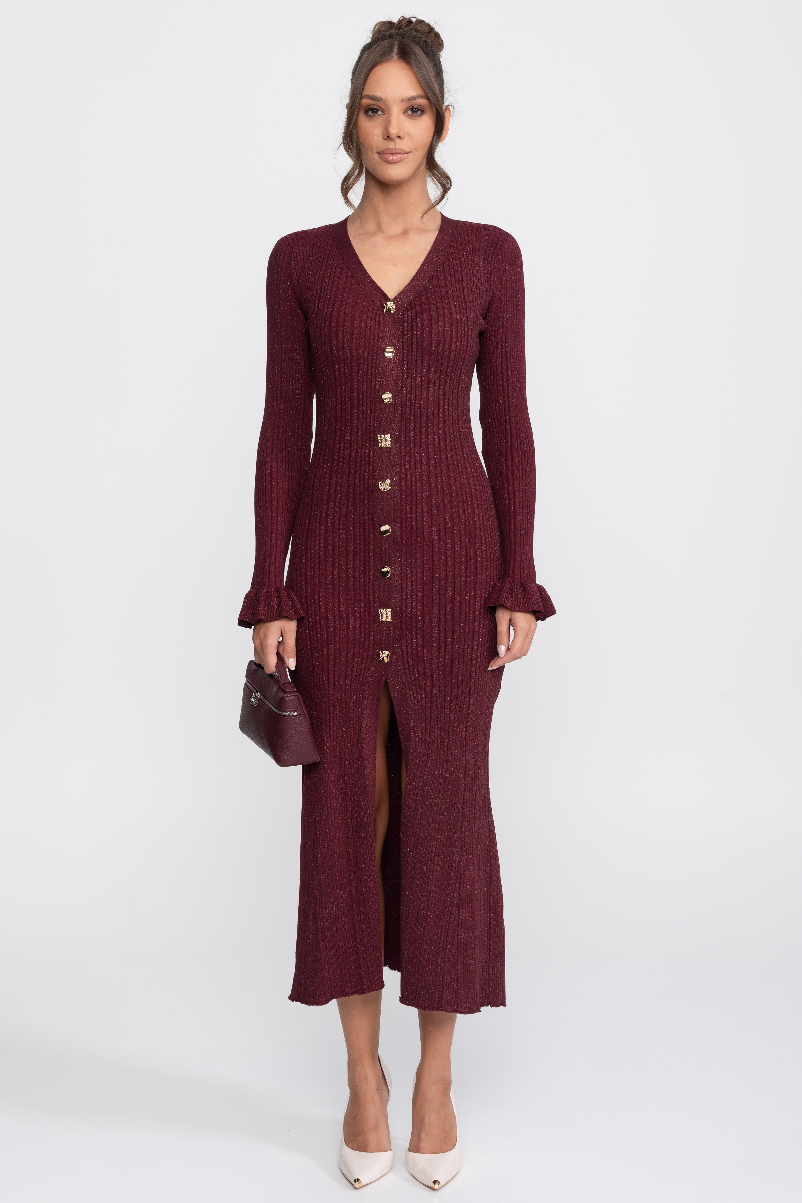 V-Neck Button-Front Ribbed Knit Maxi Dress With Ruffle Cuffs - Burgundy