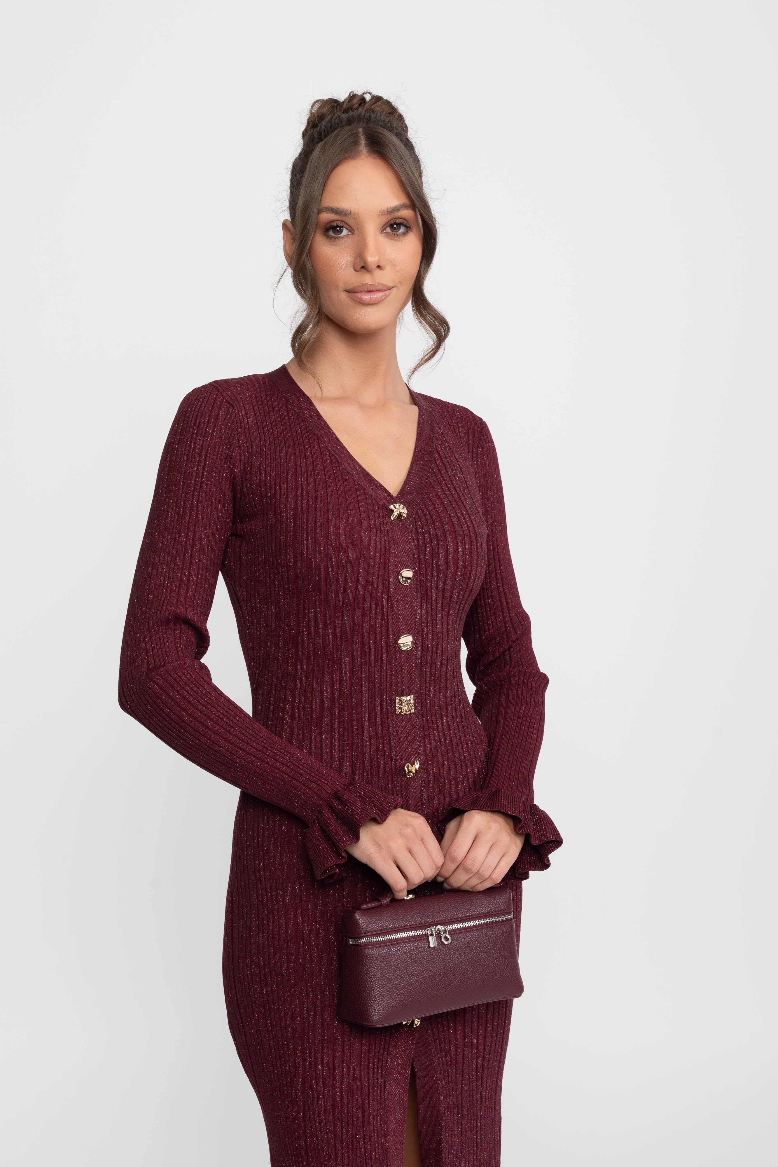 V-Neck Button-Front Ribbed Knit Maxi Dress With Ruffle Cuffs - Burgundy