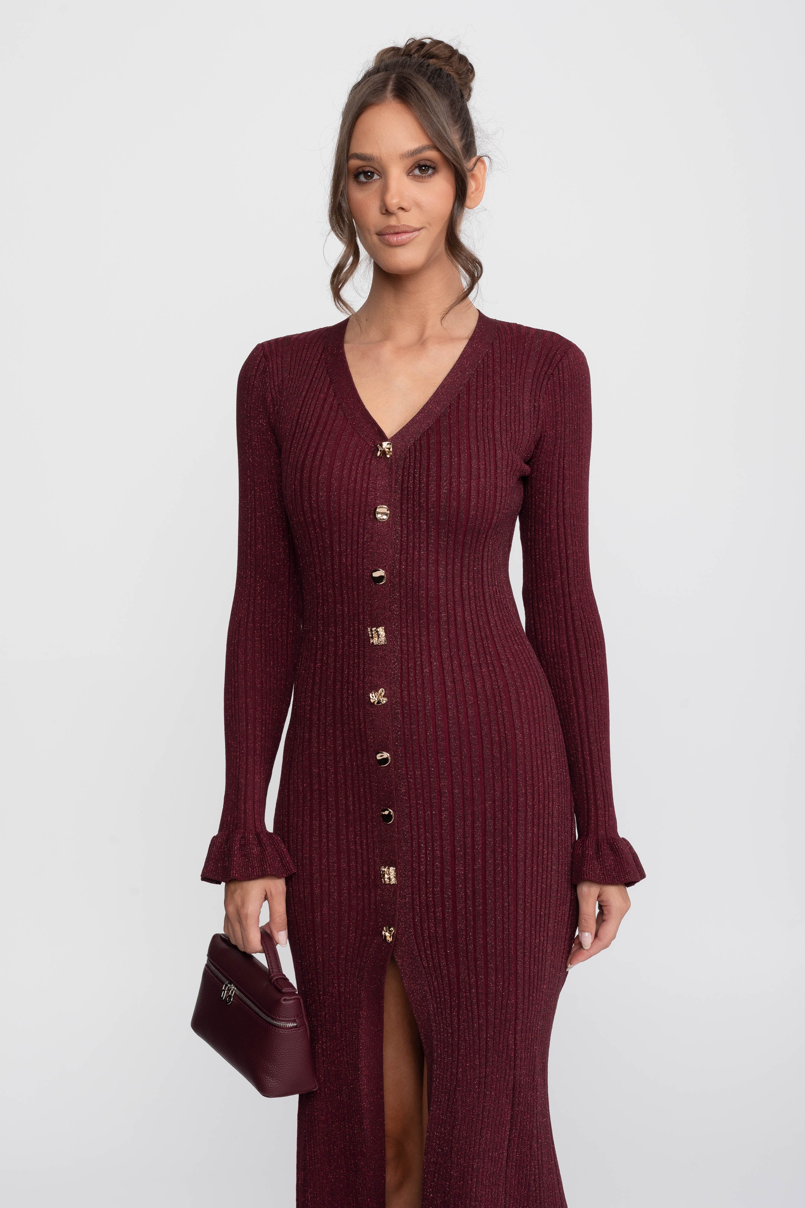 V-Neck Button-Front Ribbed Knit Maxi Dress With Ruffle Cuffs - Burgundy