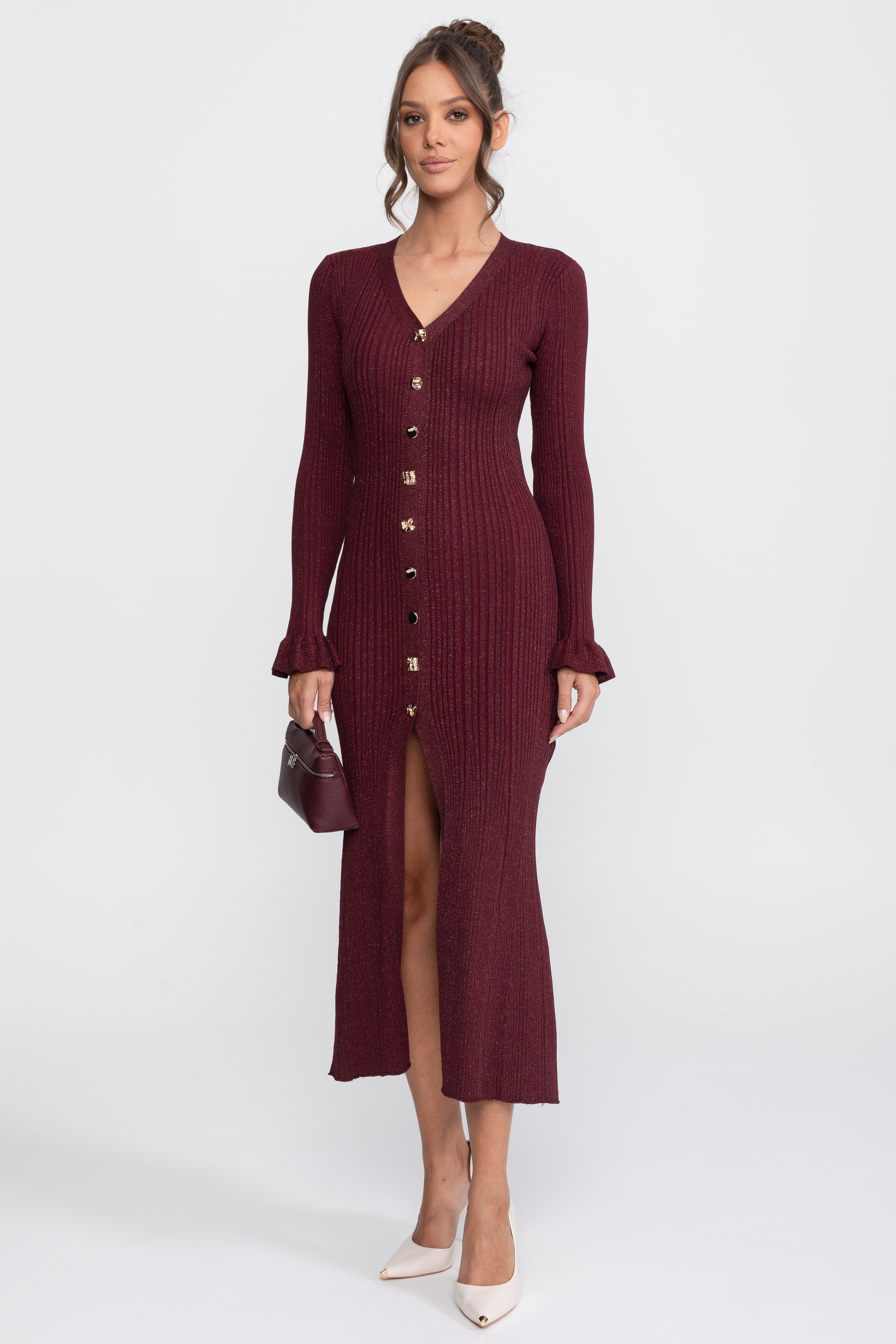 V-Neck Button-Front Ribbed Knit Maxi Dress With Ruffle Cuffs - Burgundy