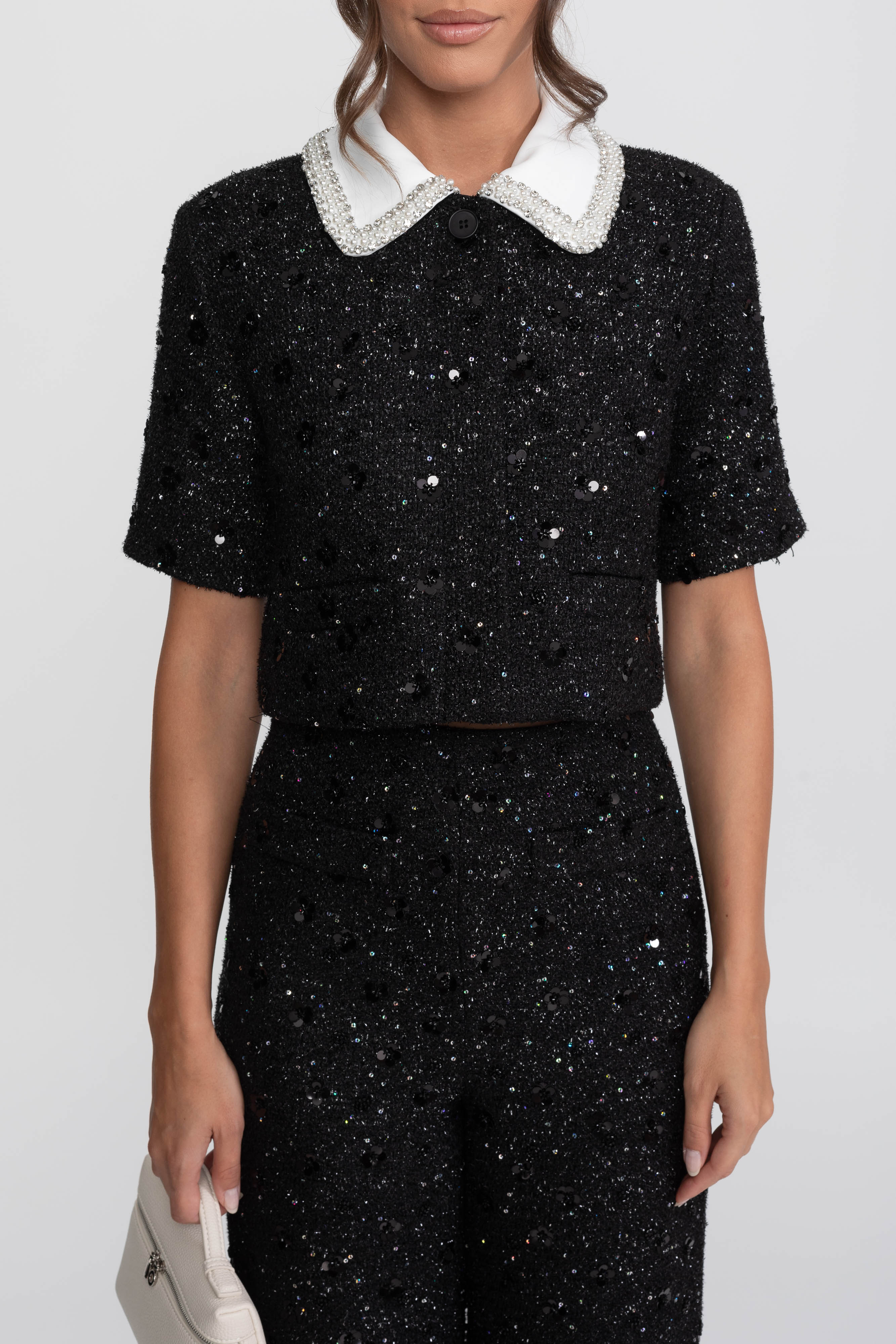 Short-Sleeve Tweed Cropped Jacket With Contrast Collar And Sequin Detail - Black