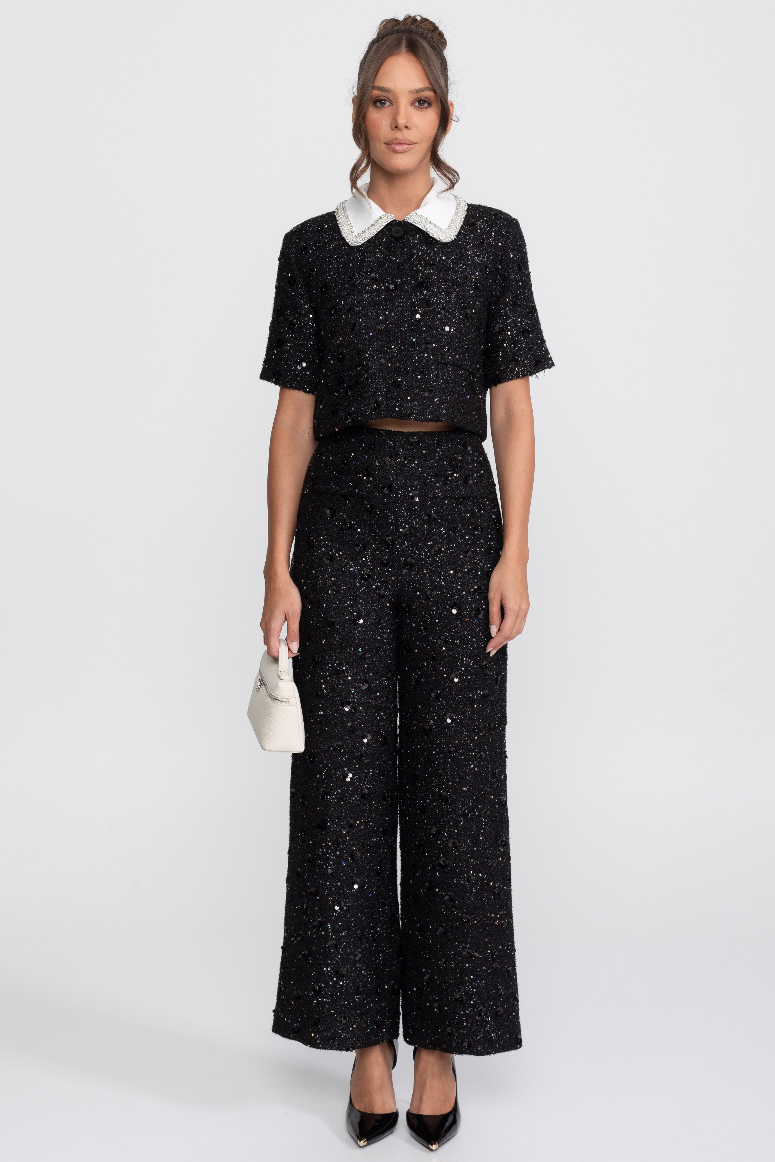 Short-Sleeve Tweed Cropped Jacket With Contrast Collar And Sequin Detail - Black