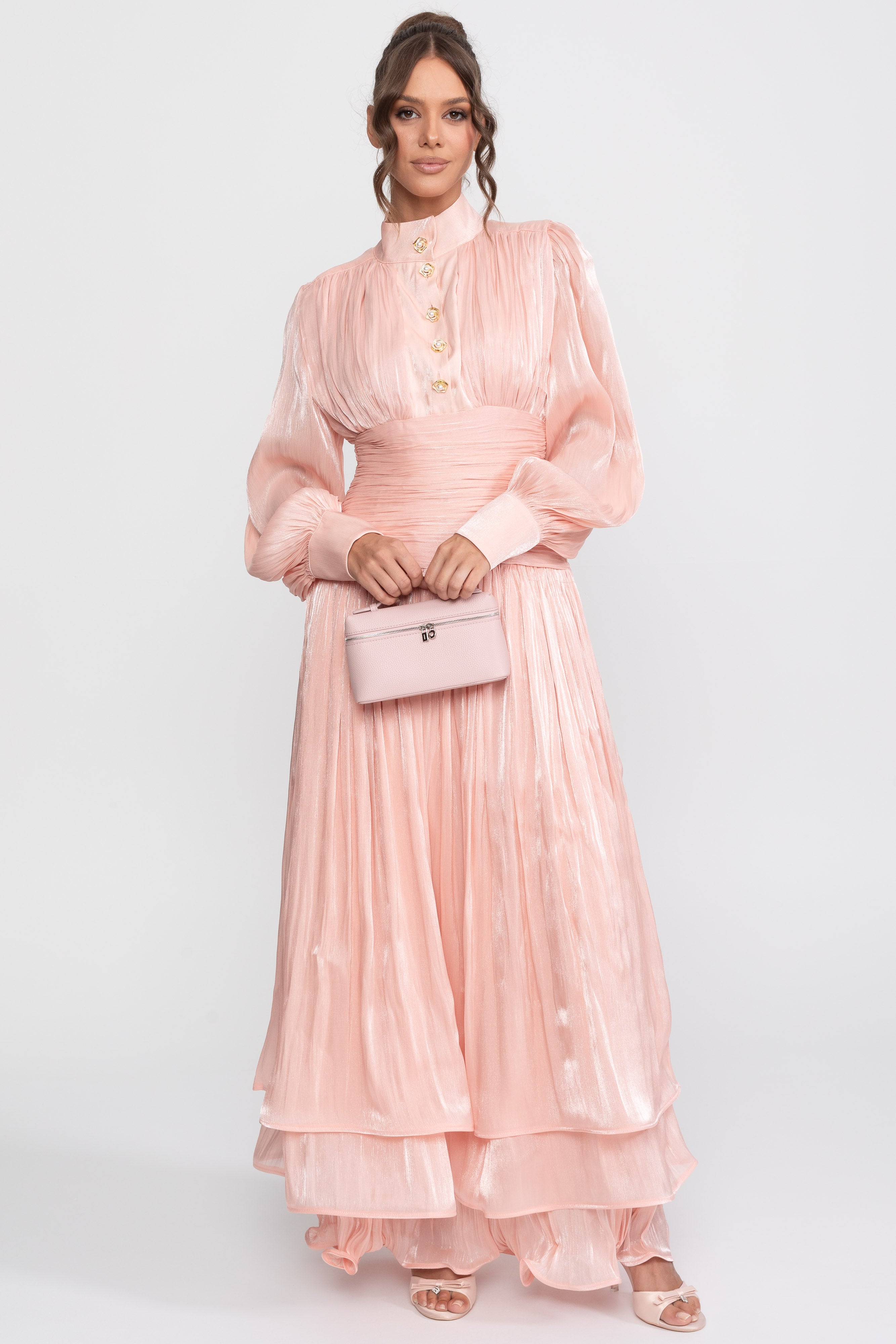 Balloon-Sleeve Tiered Maxi Dress With Jeweled Rose Buttons - Peach