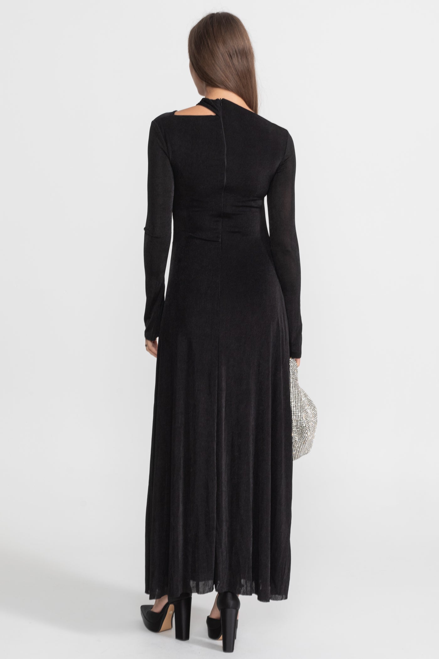 Velvet Maxi Dress with Cut-Out and Draped Detail - Black