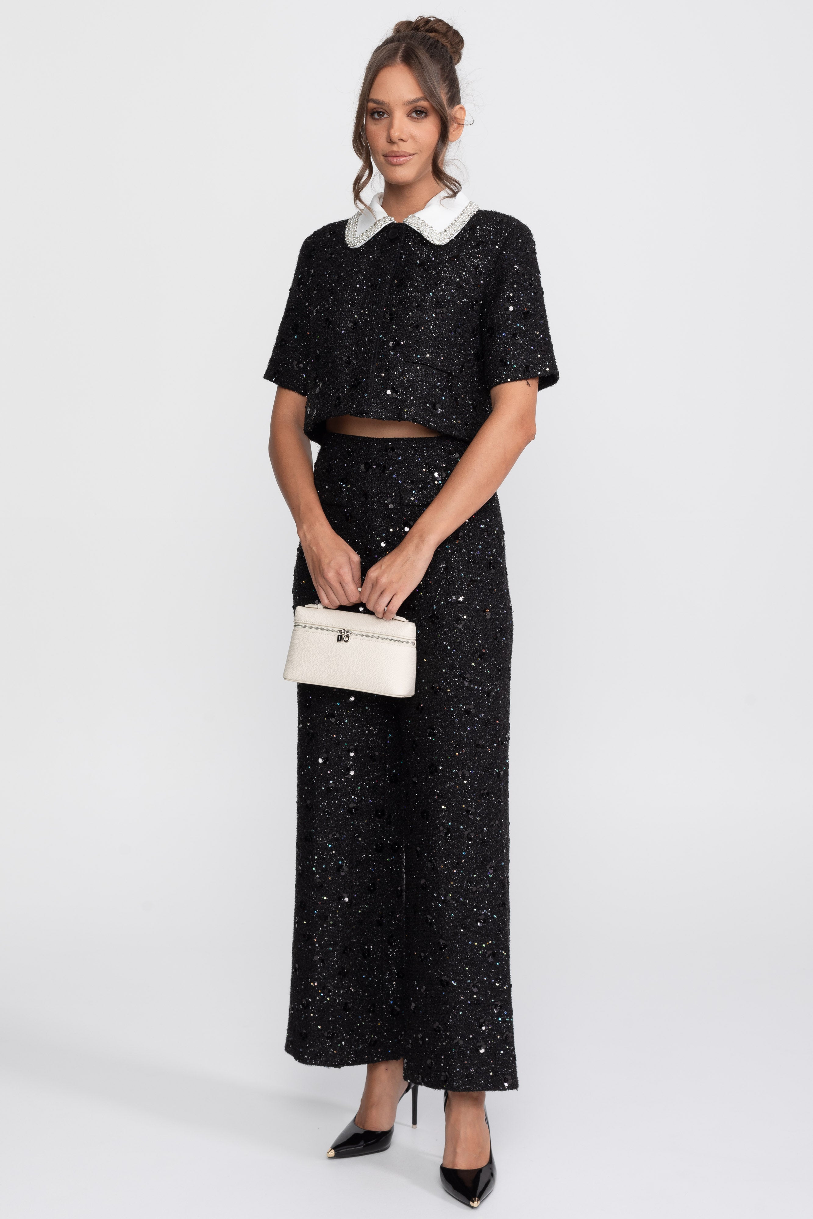 Short-Sleeve Tweed Cropped Jacket With Contrast Collar And Sequin Detail - Black