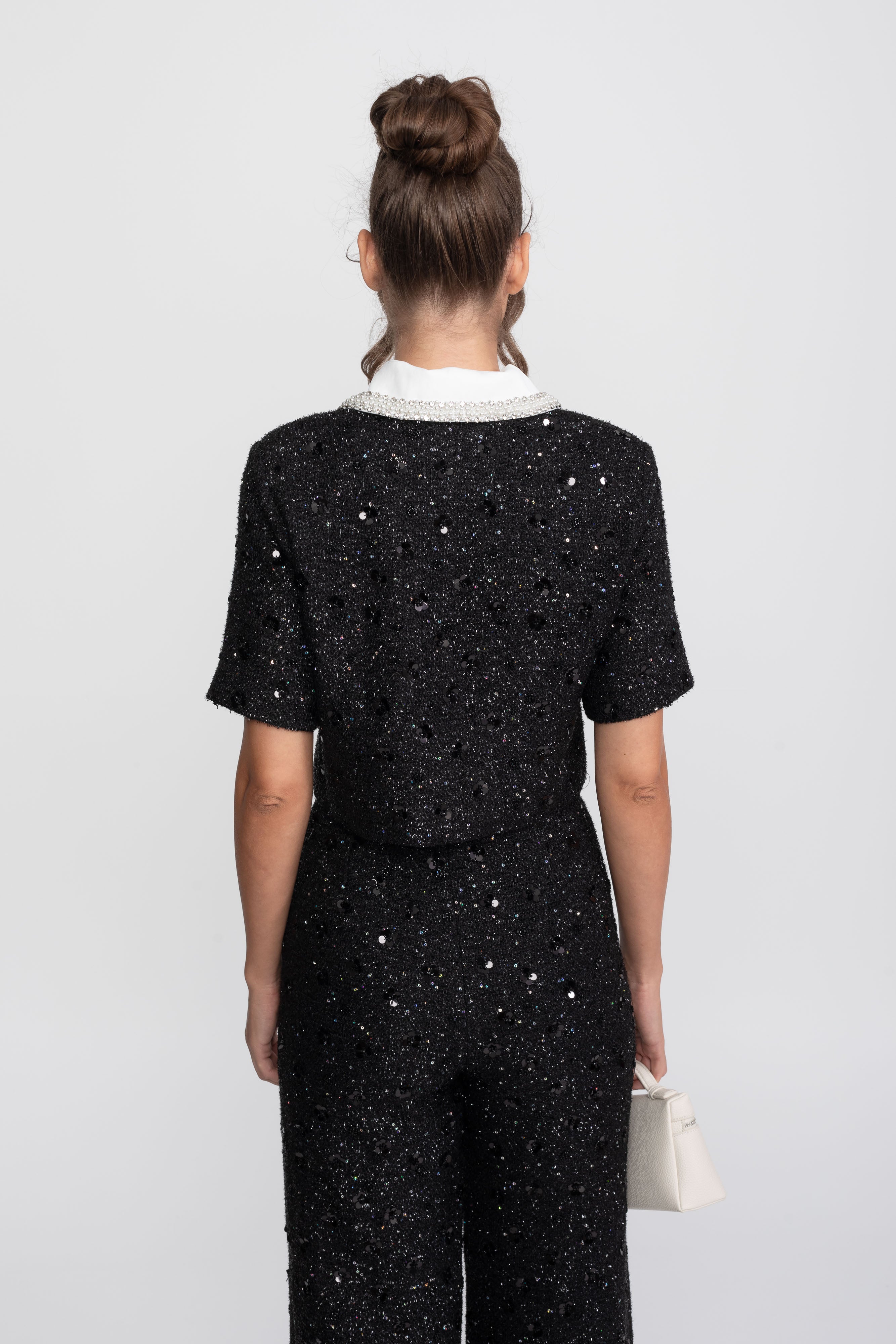 Short-Sleeve Tweed Cropped Jacket With Contrast Collar And Sequin Detail - Black