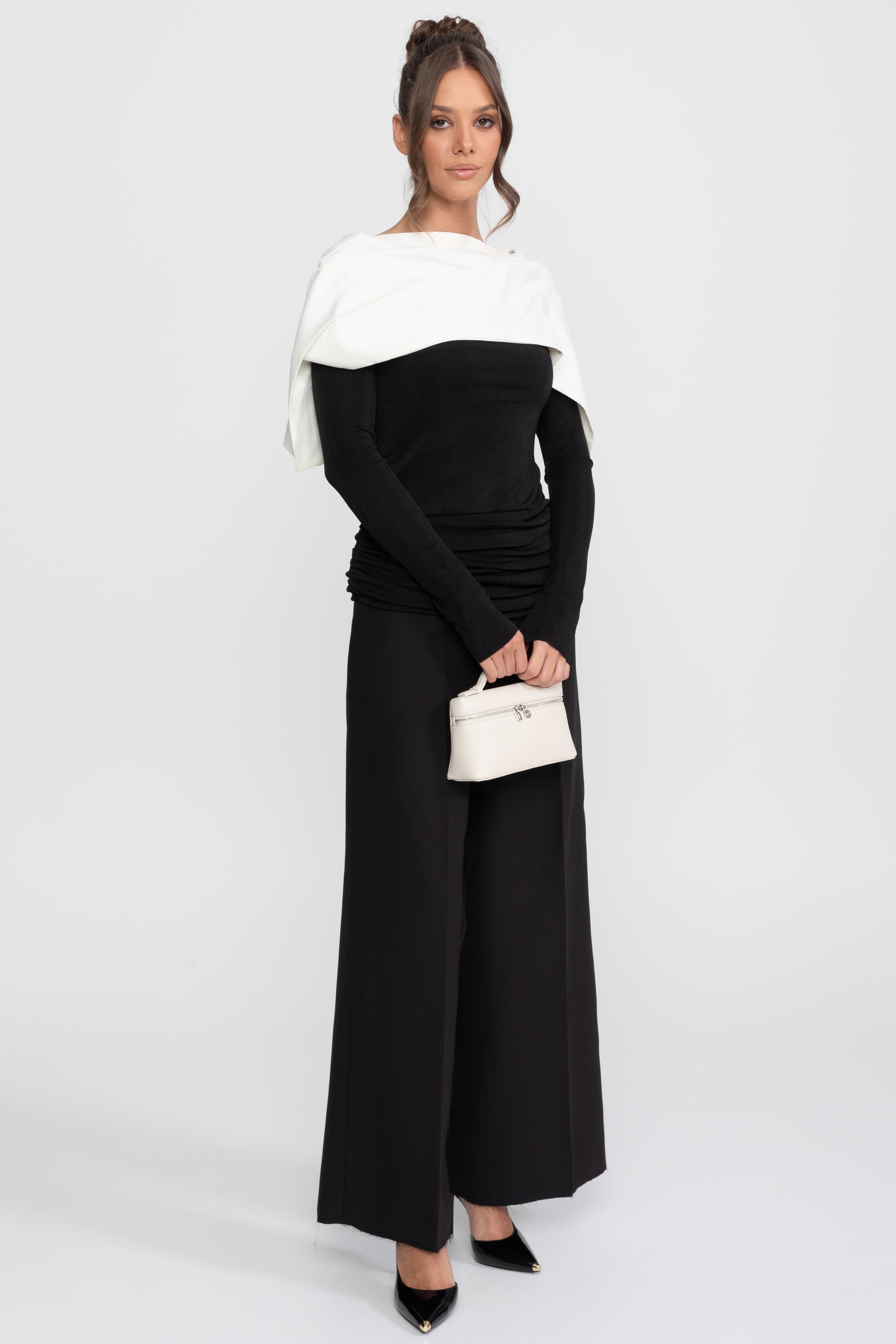 Ruched Wrap Top With Contrasting Cape And Trouser Ensemble - Black