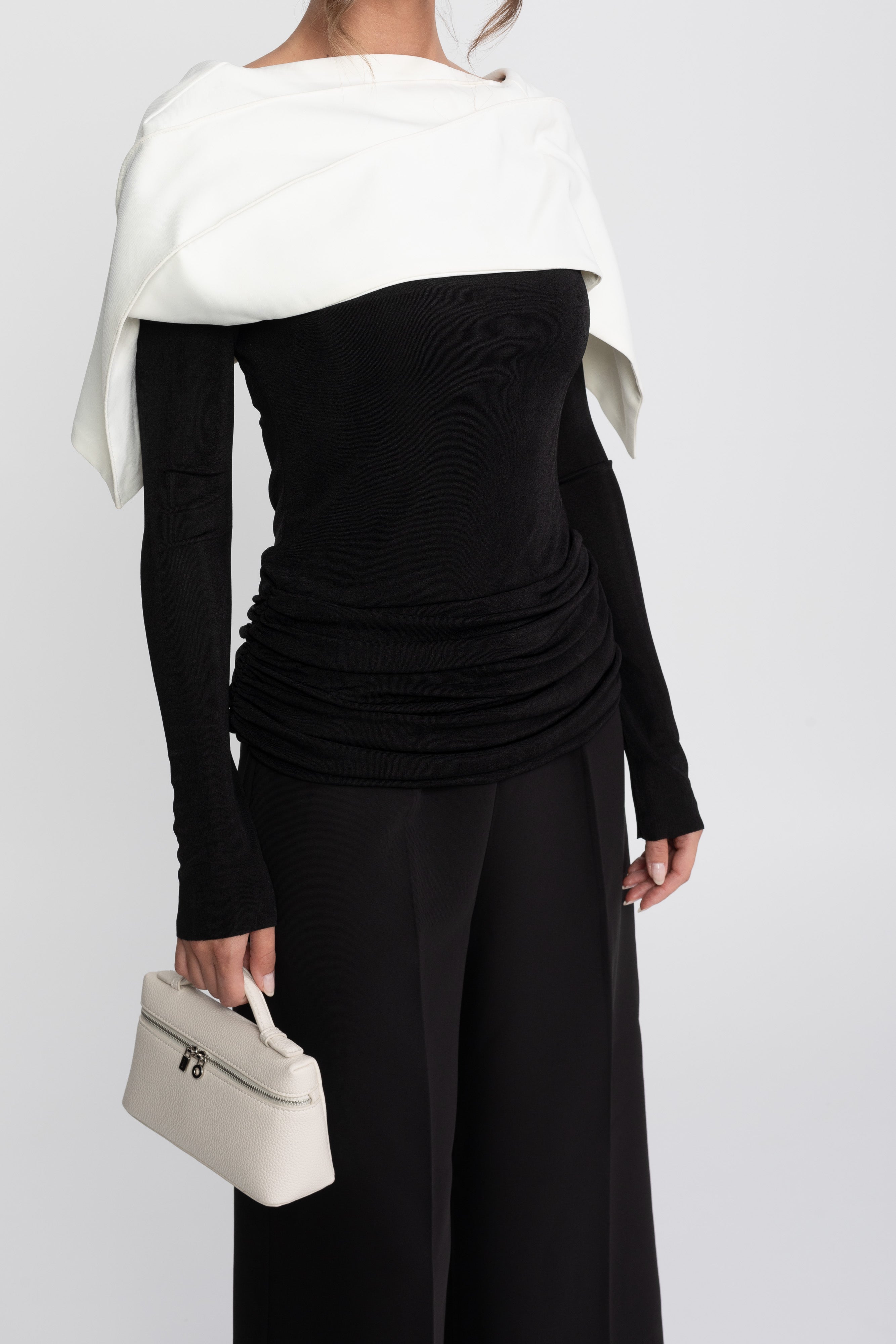 Ruched Wrap Top With Contrasting Cape And Trouser Ensemble - Black