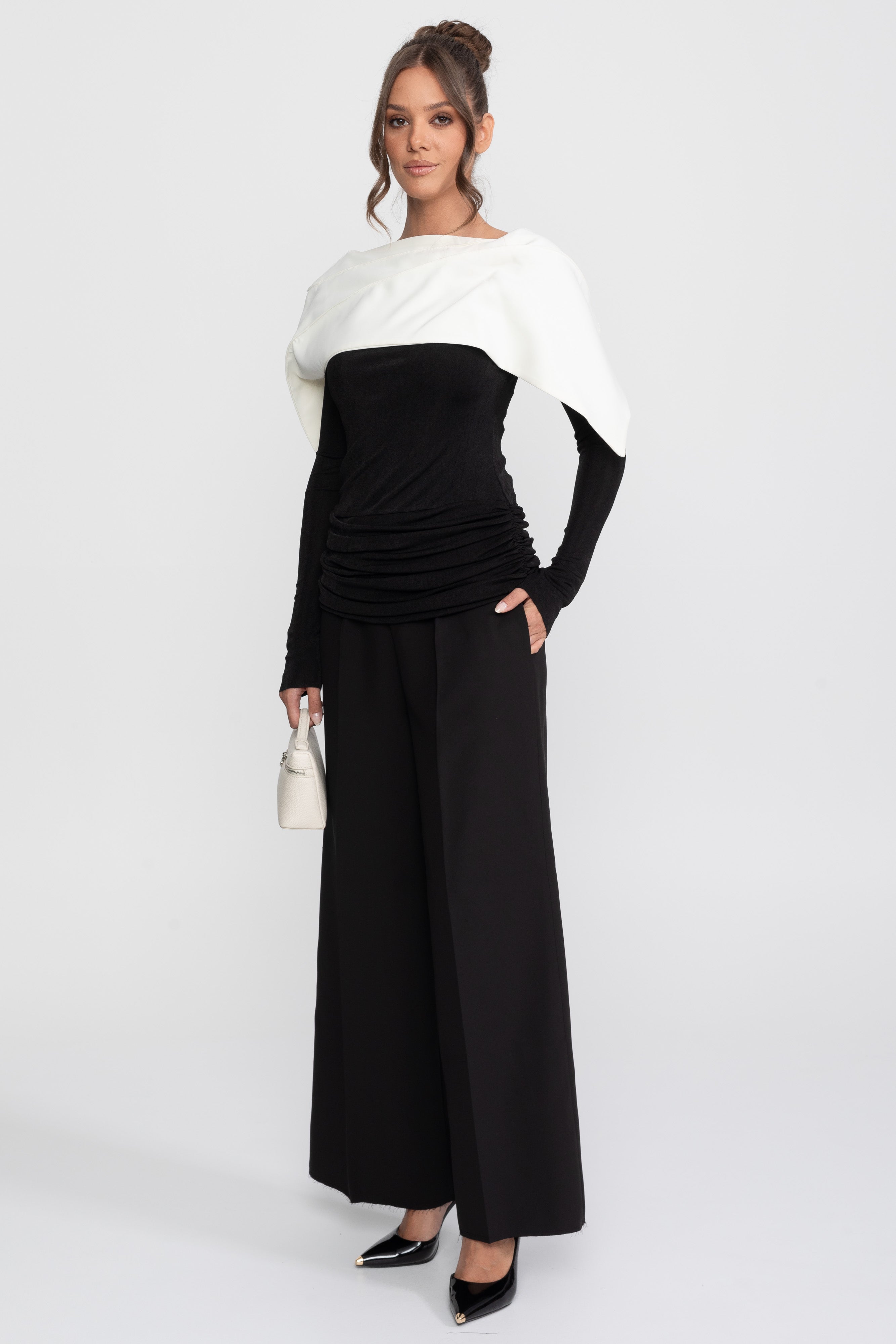 Ruched Wrap Top With Contrasting Cape And Trouser Ensemble - Black