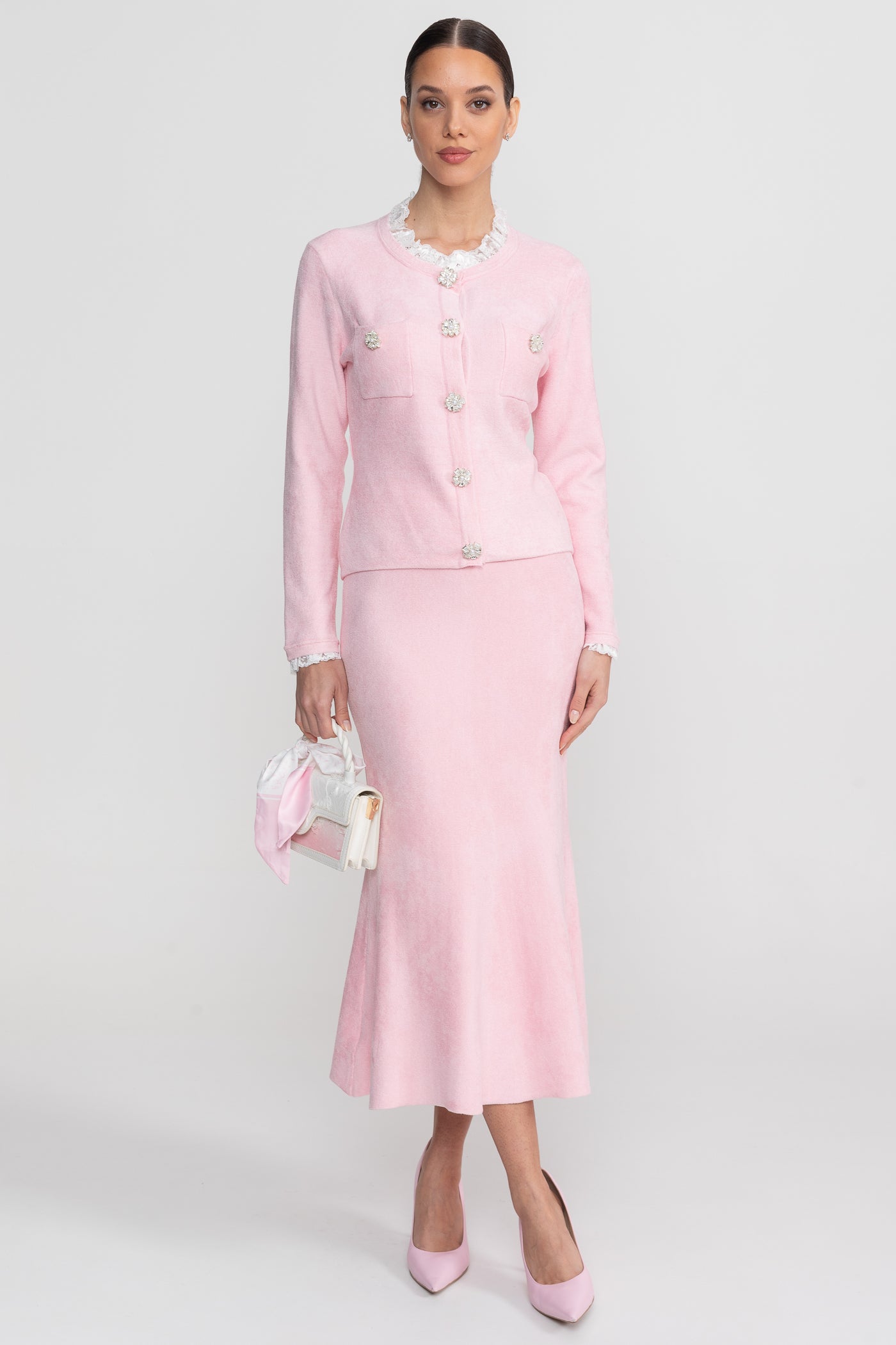 Long Sleeve Co-Ord With Fitted Knit Bodice And Crystal Button Detail - Blush Pink