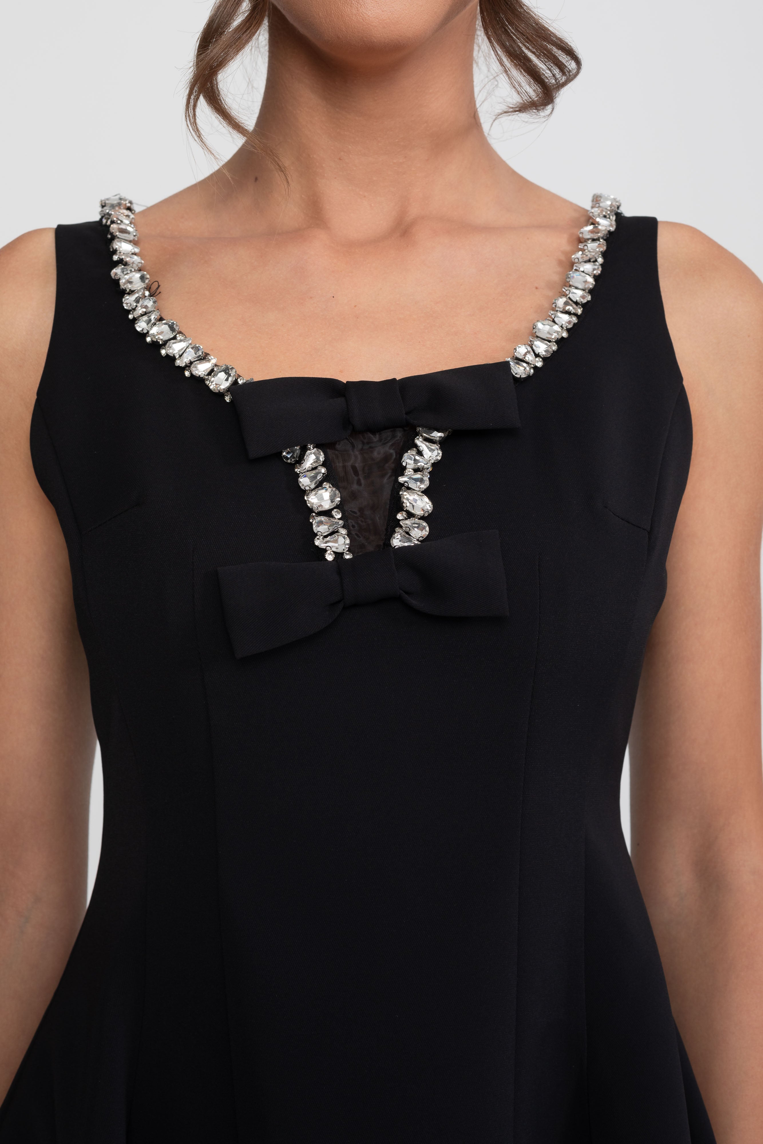 Crystal Trim Fit-and-Flare Mini Dress With Chest Bows - Black