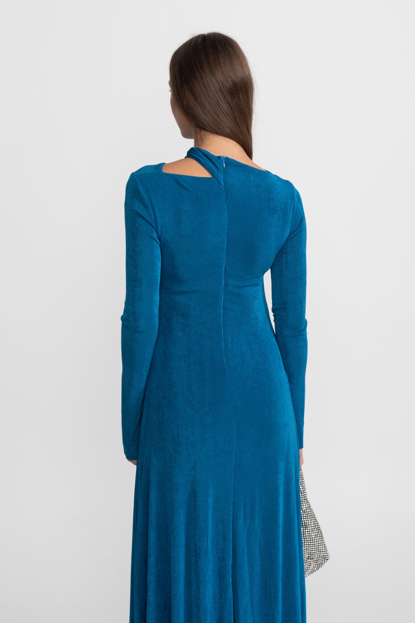 Velvet Maxi Dress with Cut-Out and Draped Detail - Teal