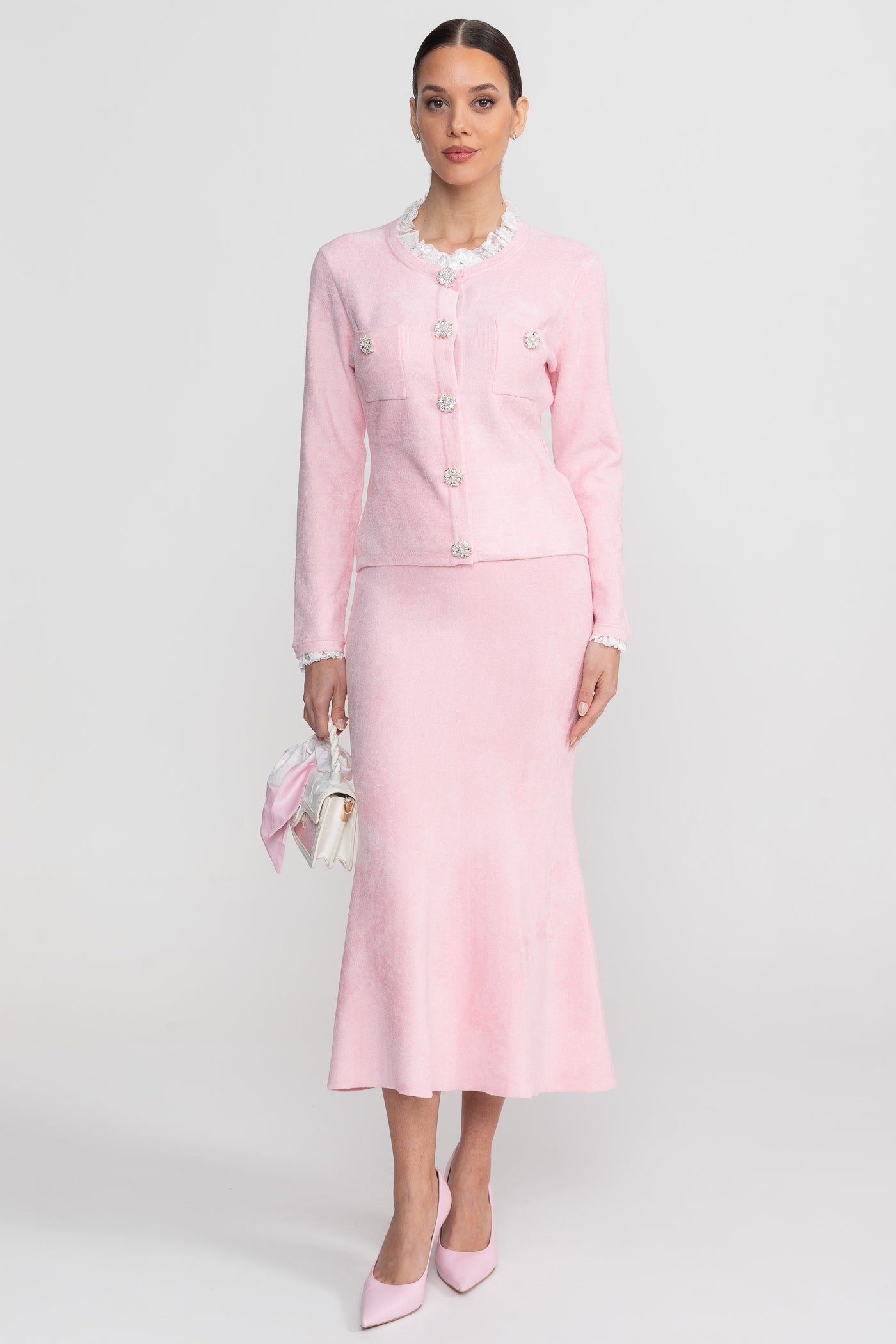 Long Sleeve Co-Ord With Fitted Knit Bodice And Crystal Button Detail - Blush Pink