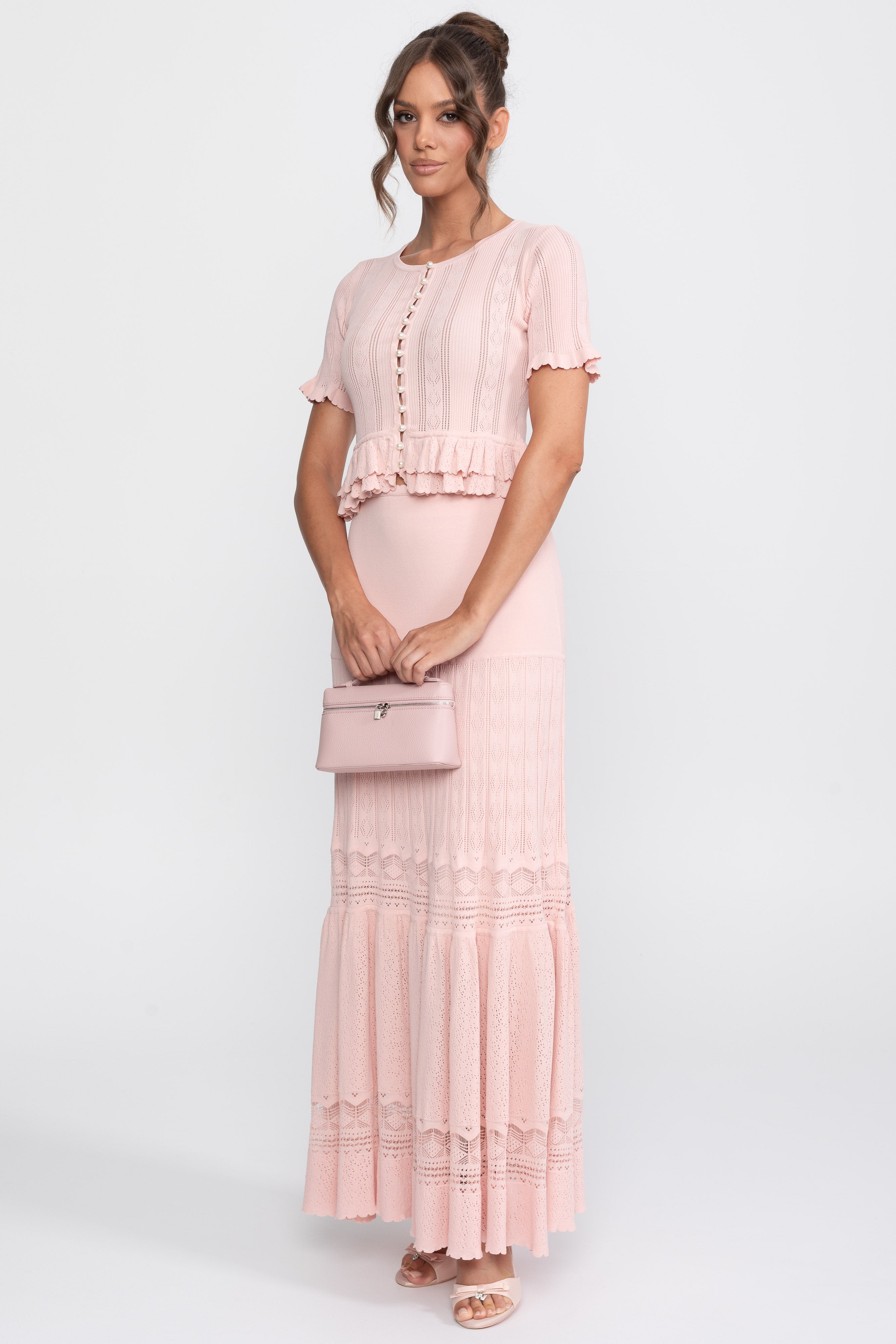 Two-Piece Knit Co-Ord Set With Ruffled Waist - Pink