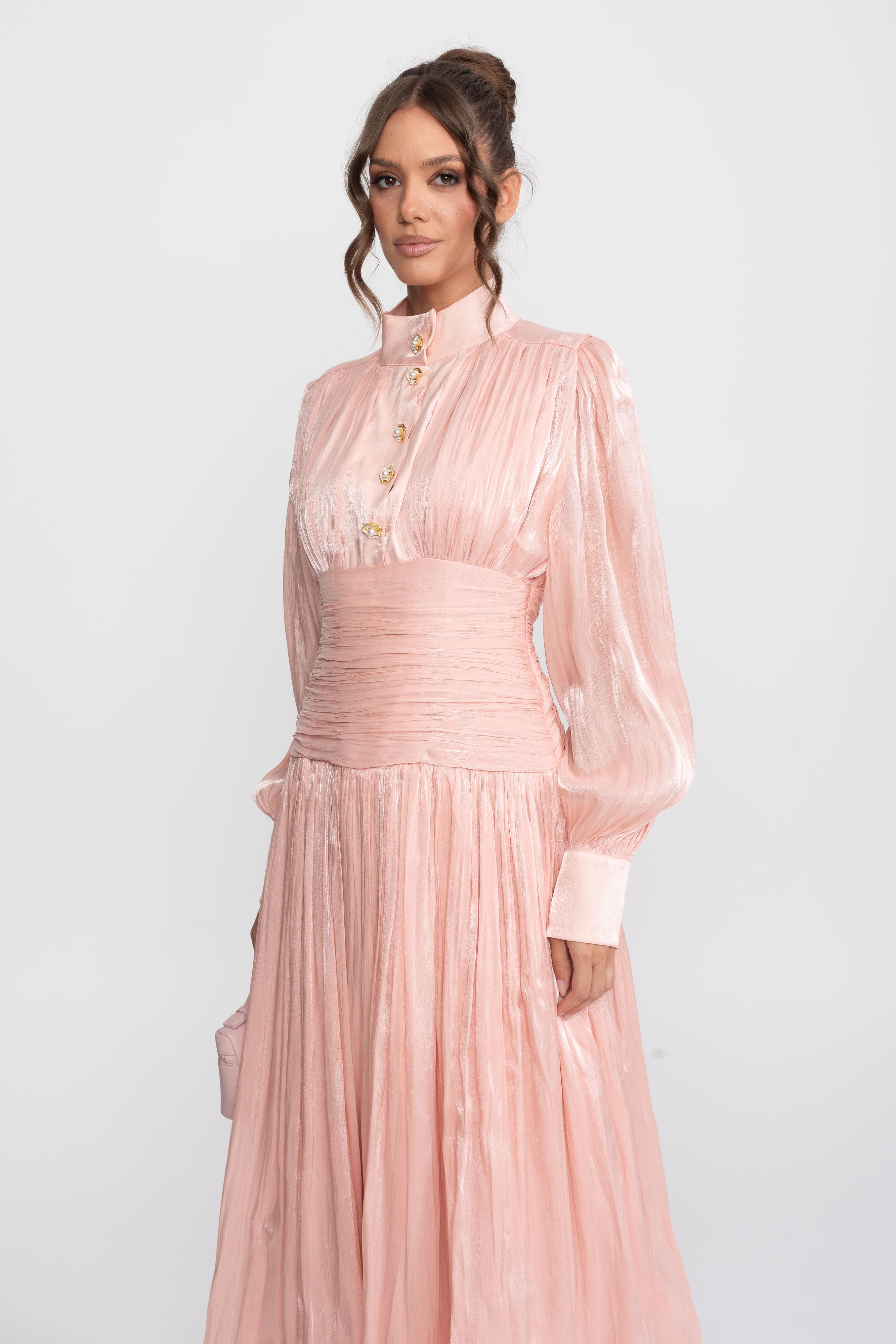 Balloon-Sleeve Tiered Maxi Dress With Jeweled Rose Buttons - Peach