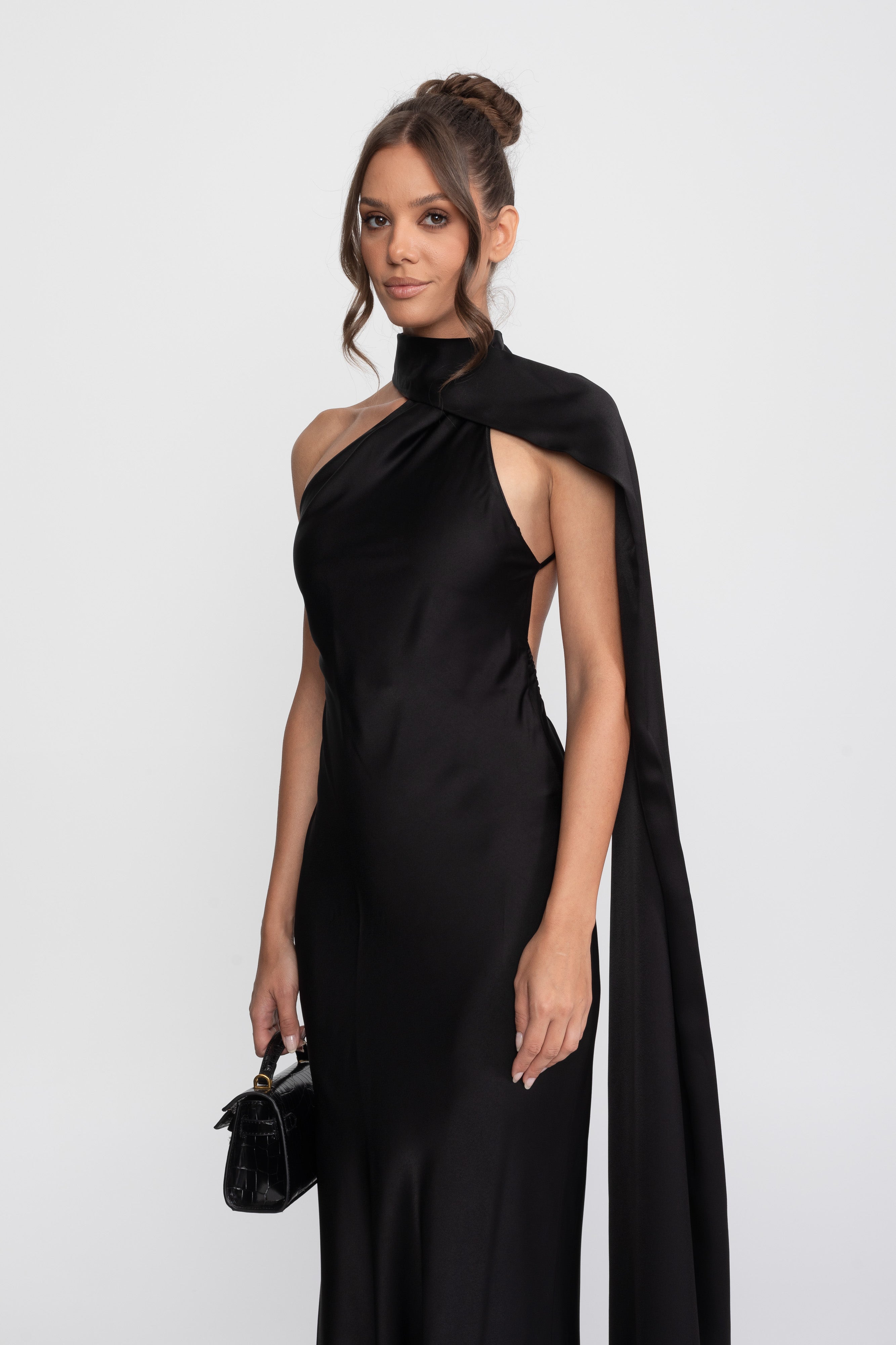 Twist Halter Satin Slip Dress With Asymmetric Neckline - Black