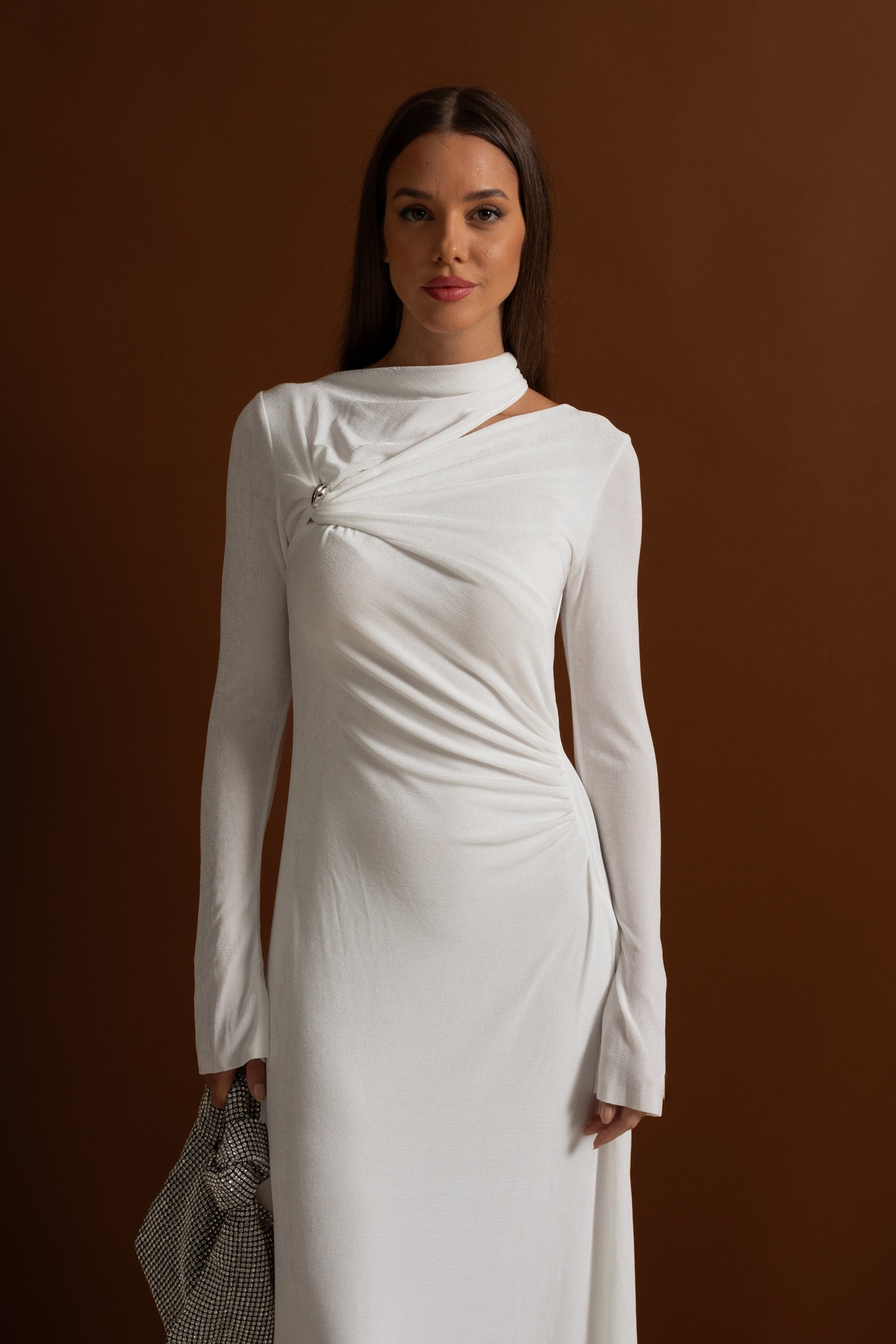 Velvet Maxi Dress with Cut-Out and Draped Detail - White
