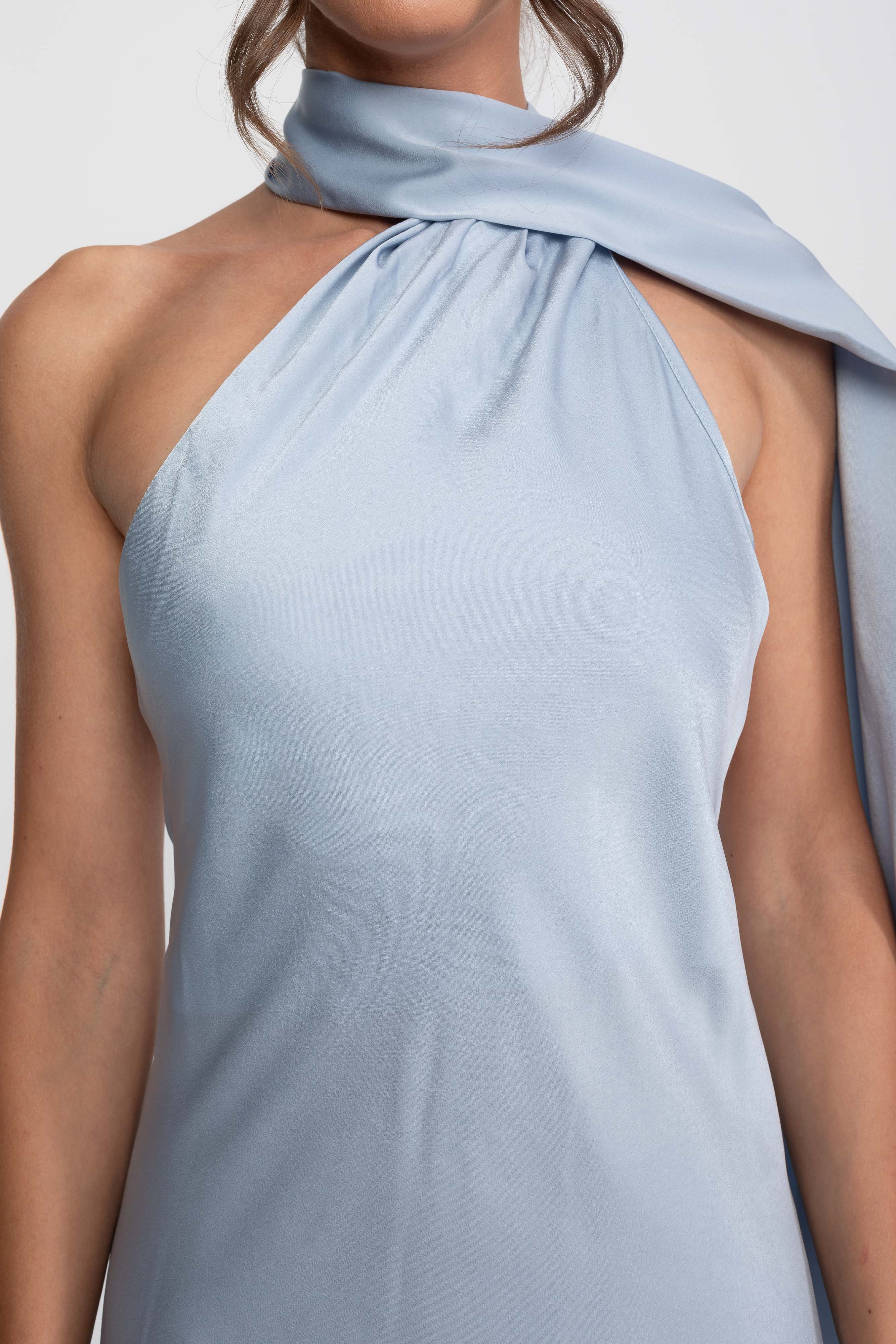 Twist Halter Satin Slip Dress With Asymmetric Neckline - Blue