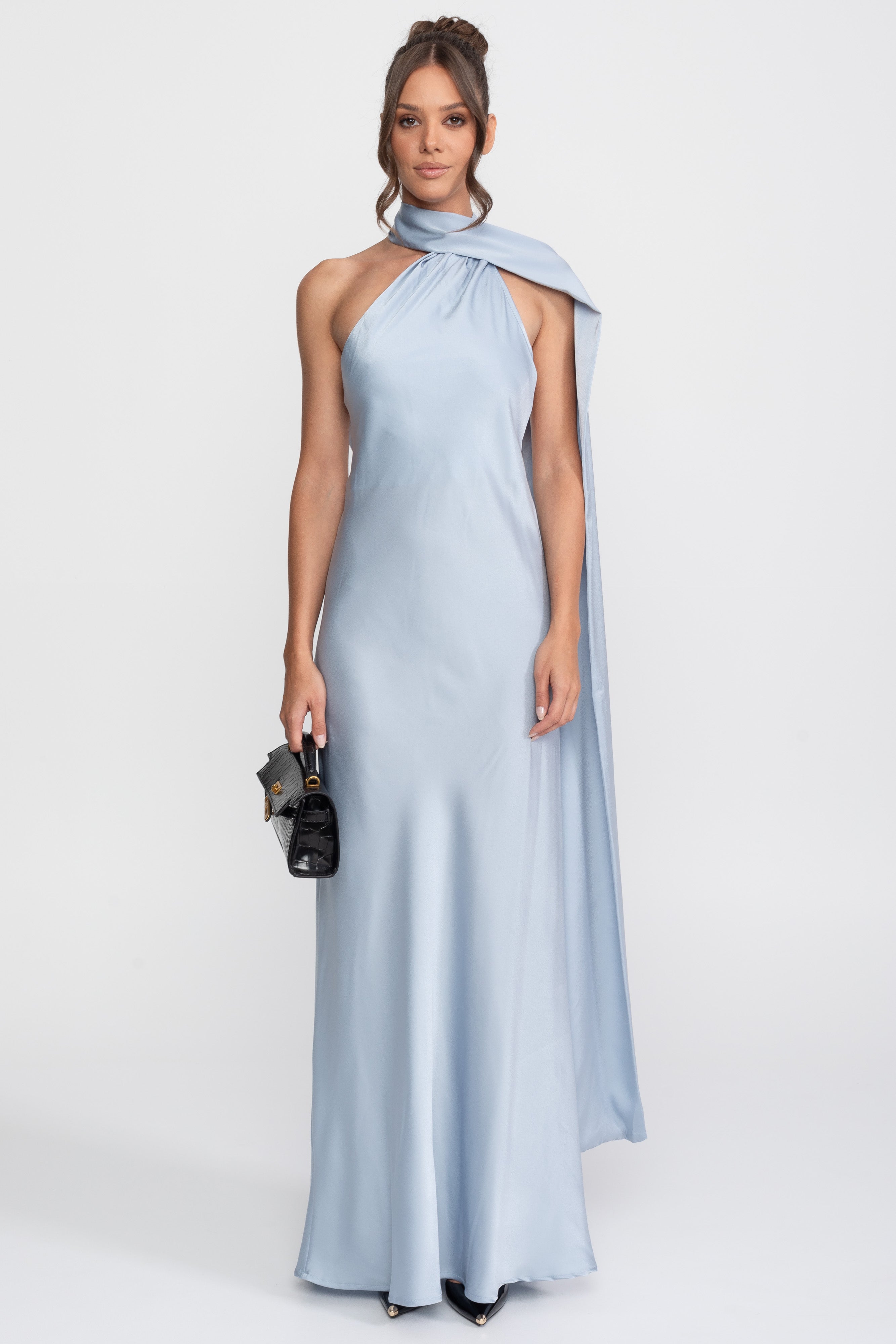 Twist Halter Satin Slip Dress With Asymmetric Neckline - Blue