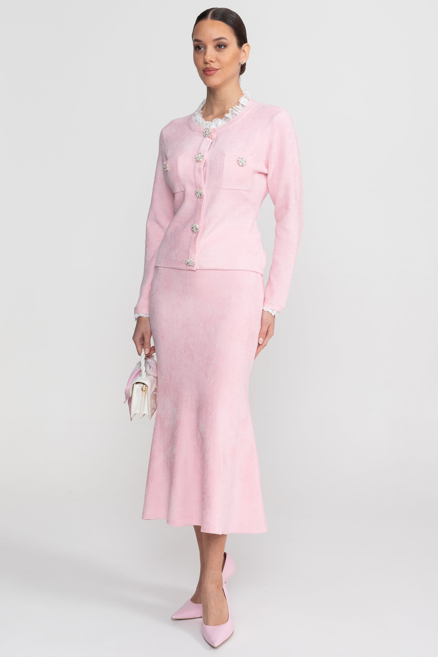 Long Sleeve Co-Ord With Fitted Knit Bodice And Crystal Button Detail - Blush Pink