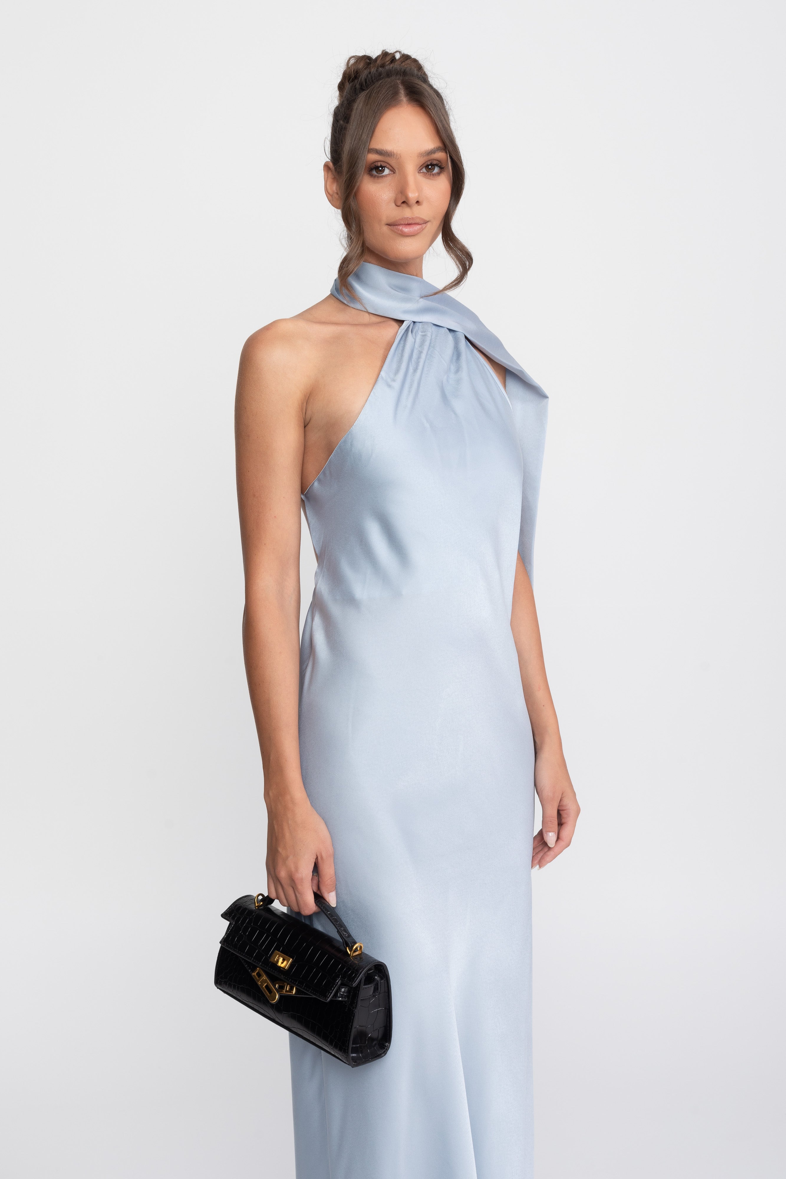 Twist Halter Satin Slip Dress With Asymmetric Neckline - Blue