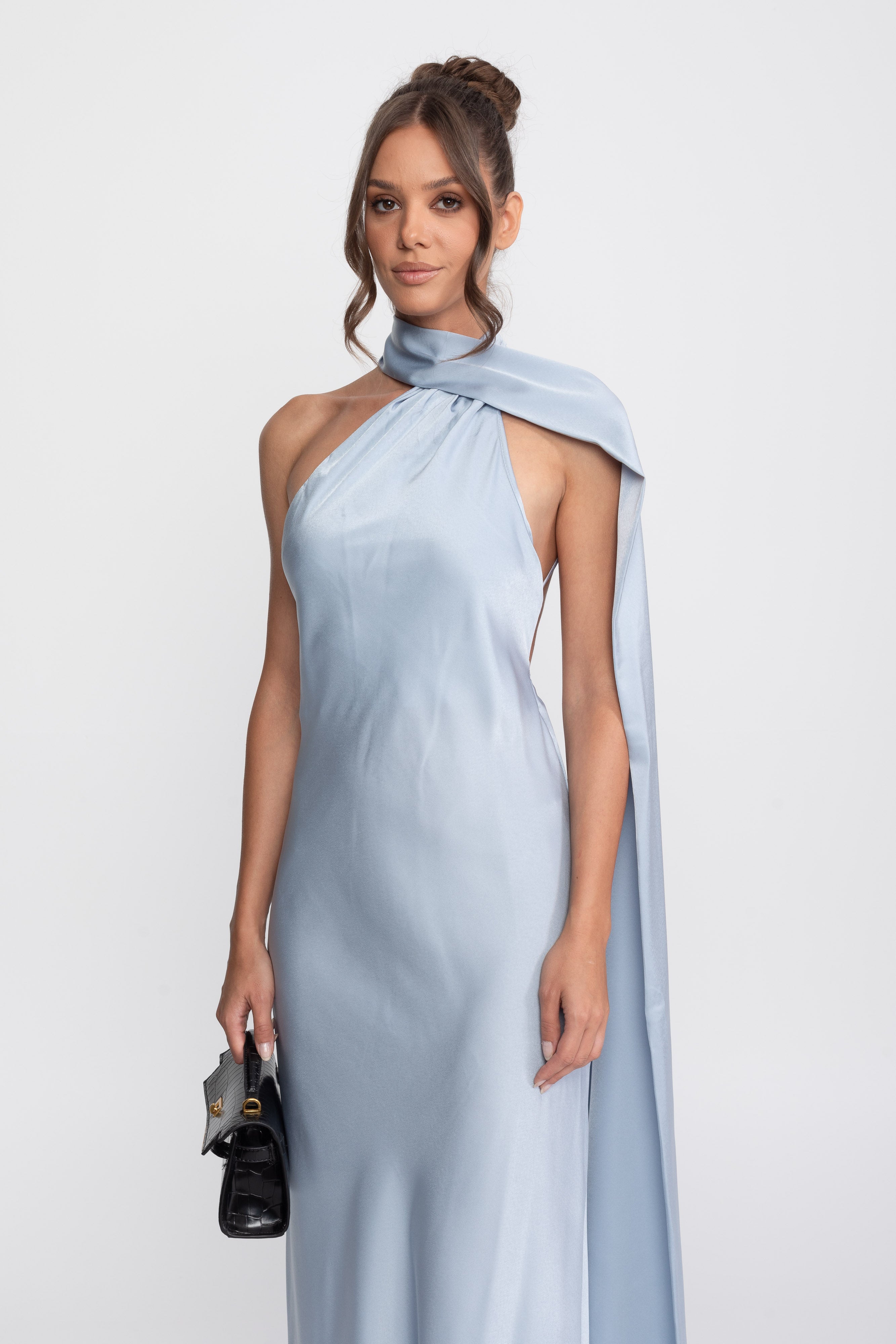 Twist Halter Satin Slip Dress With Asymmetric Neckline - Blue