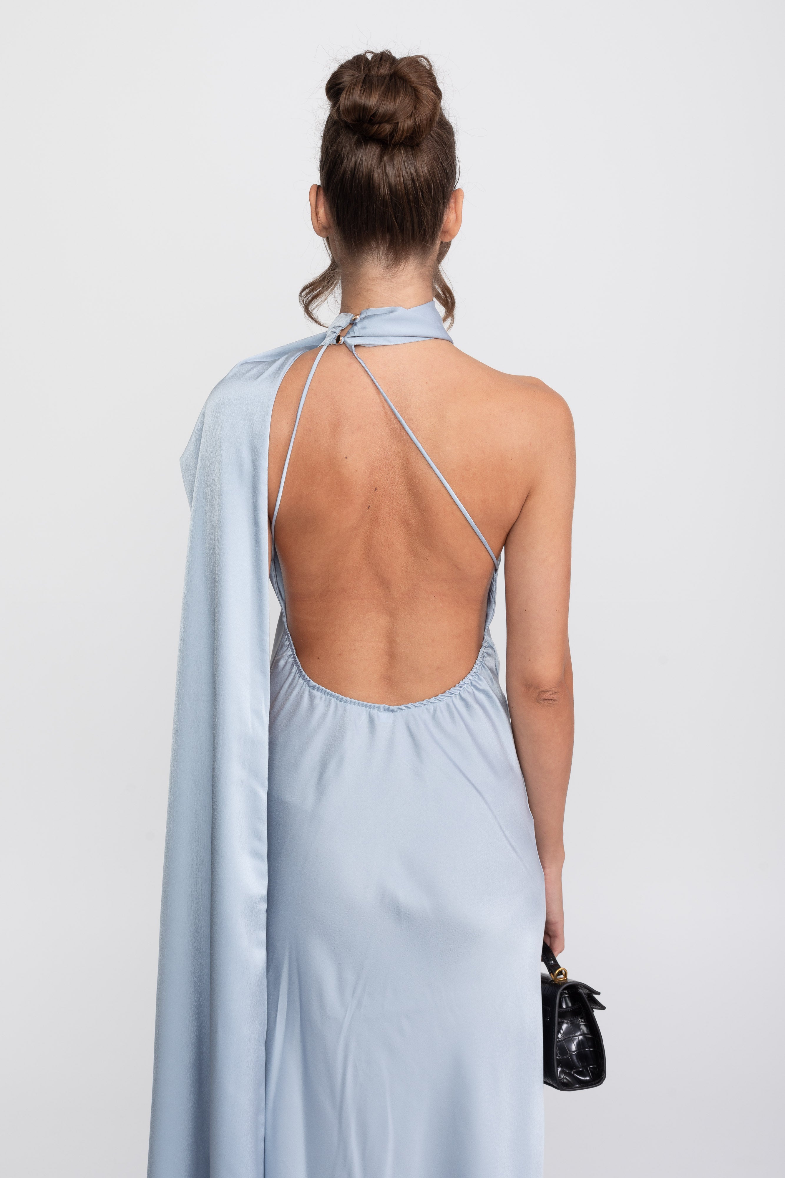Twist Halter Satin Slip Dress With Asymmetric Neckline - Blue