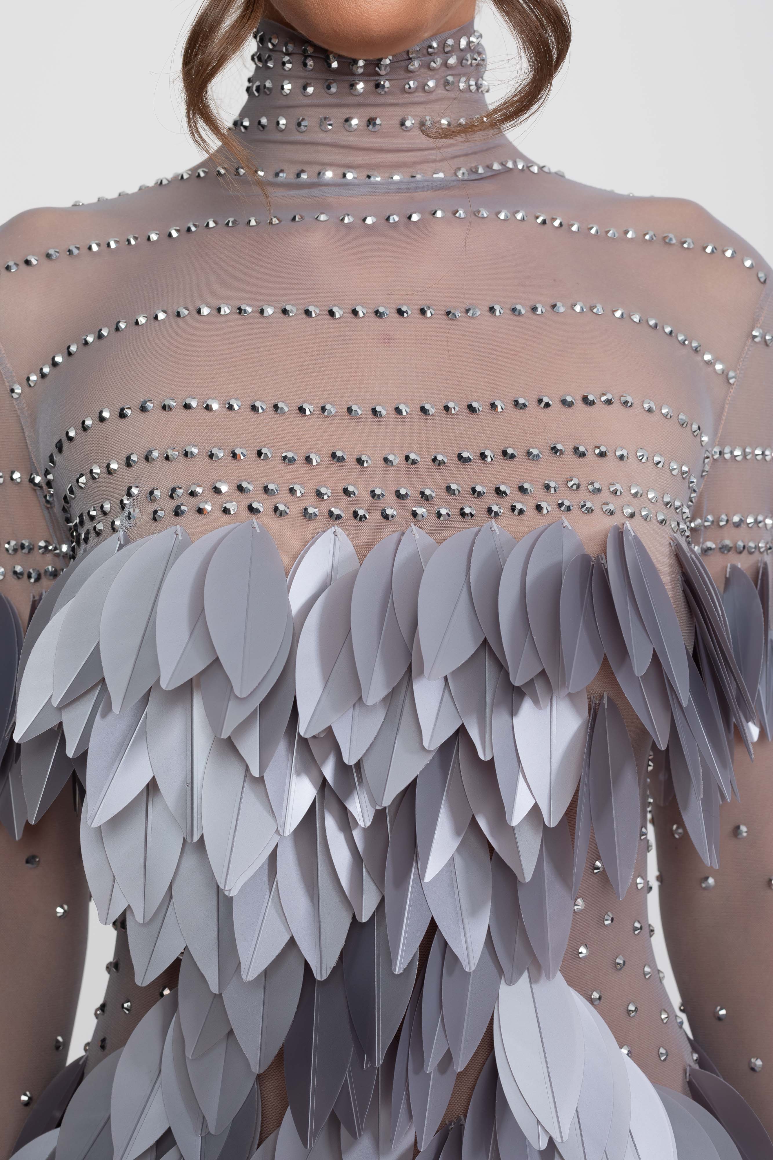 Sheer Mesh Feather-Panel Mini Dress With Crystal Neckline - Gray