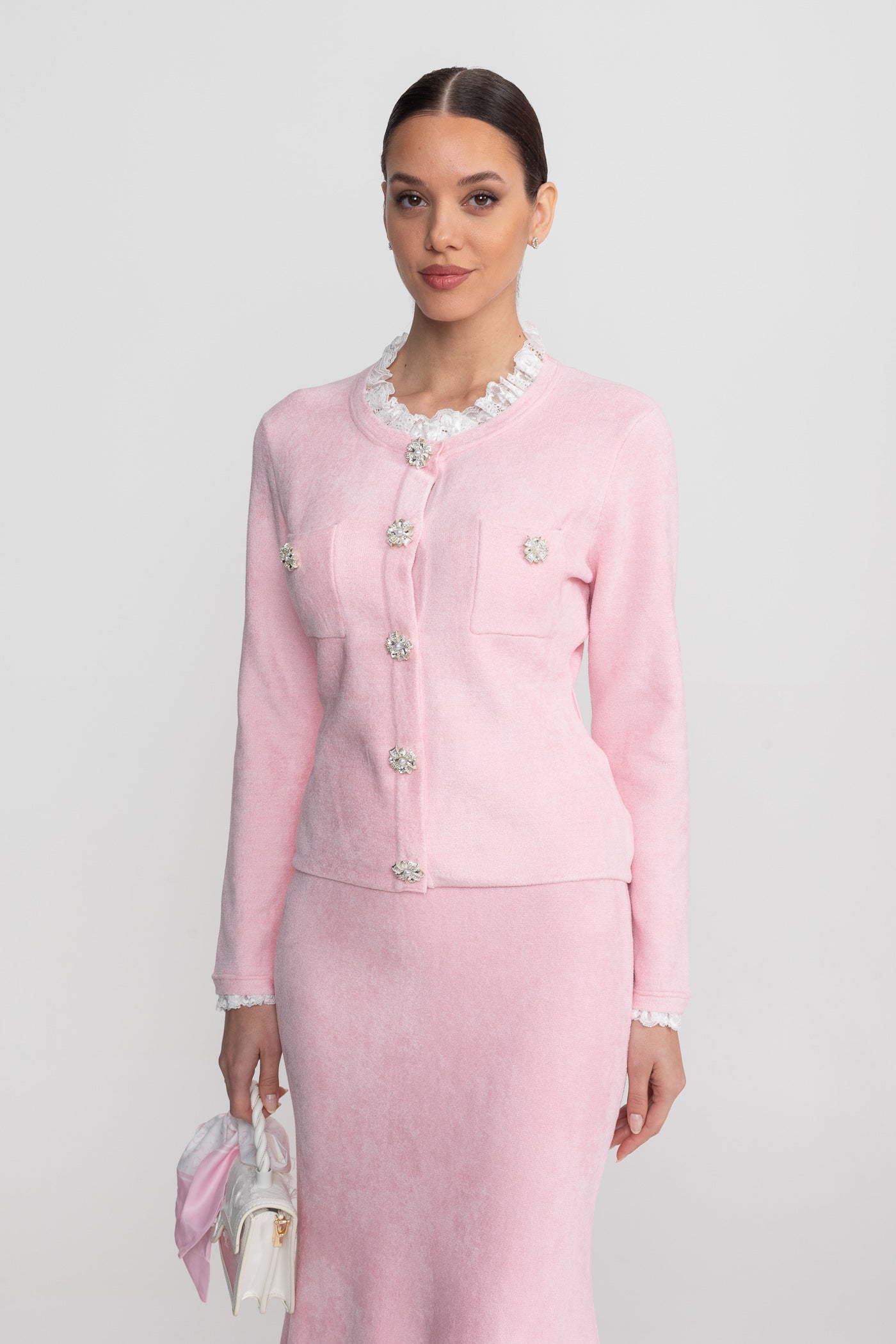 Long Sleeve Co-Ord With Fitted Knit Bodice And Crystal Button Detail - Blush Pink