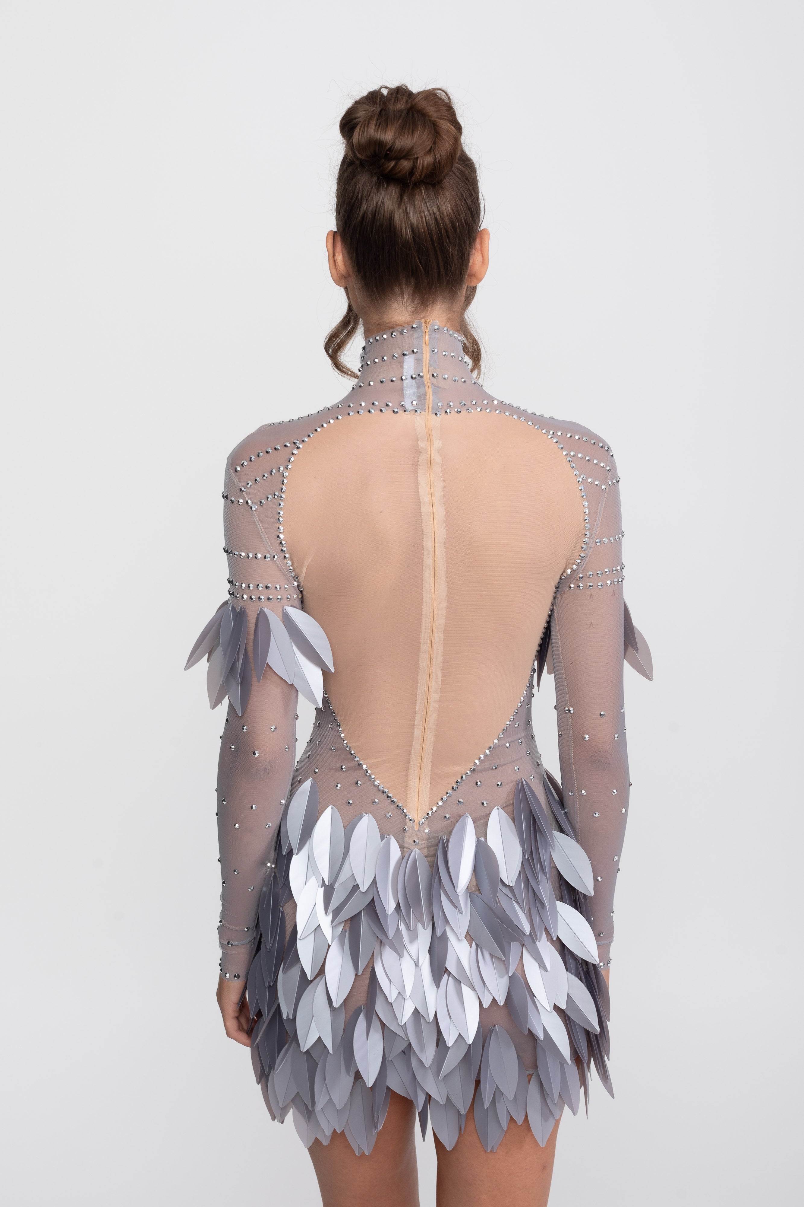 Sheer Mesh Feather-Panel Mini Dress With Crystal Neckline - Gray